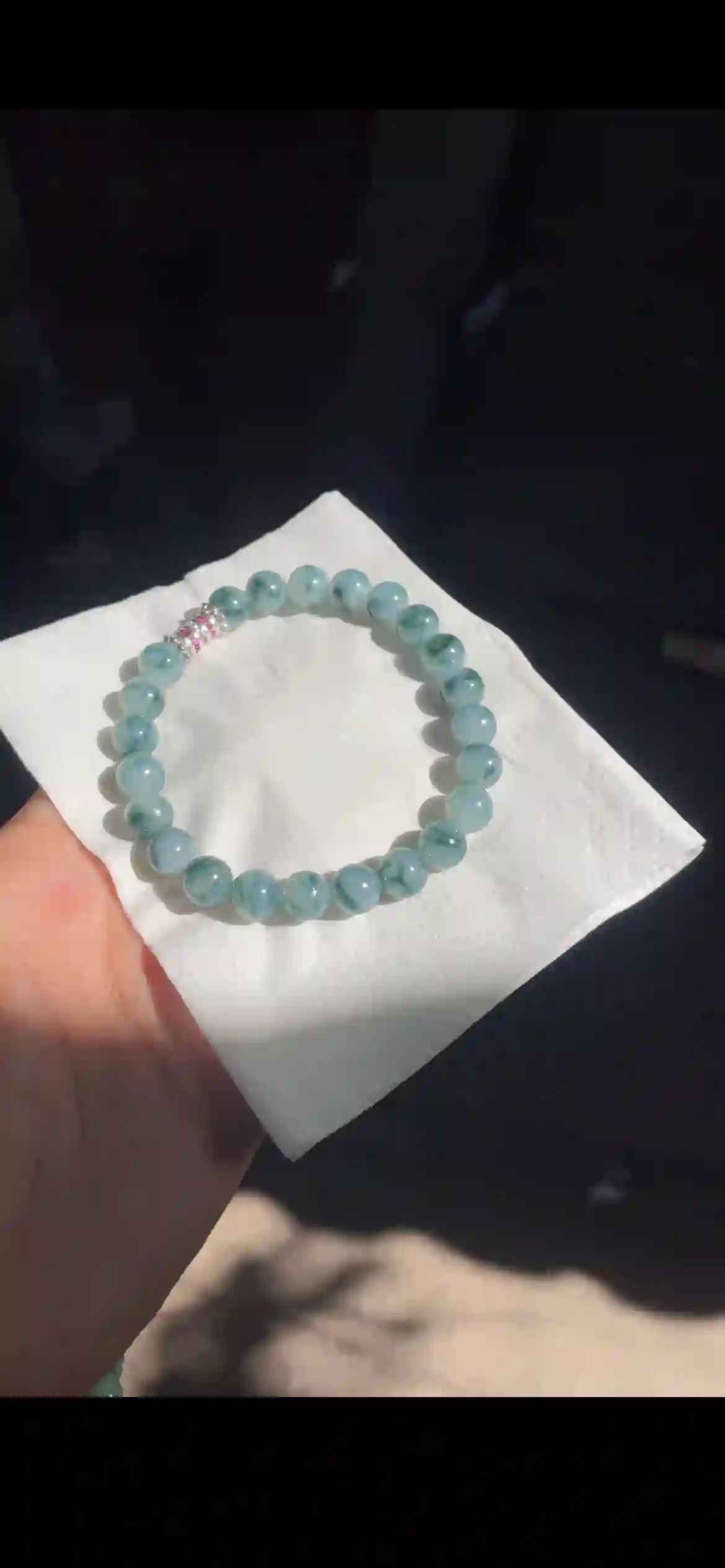 Icy Blue-Green Floating Flower Jade Bead Bracelet with Gemstone Spacer | Myanmar Jadeite reference #19110001
