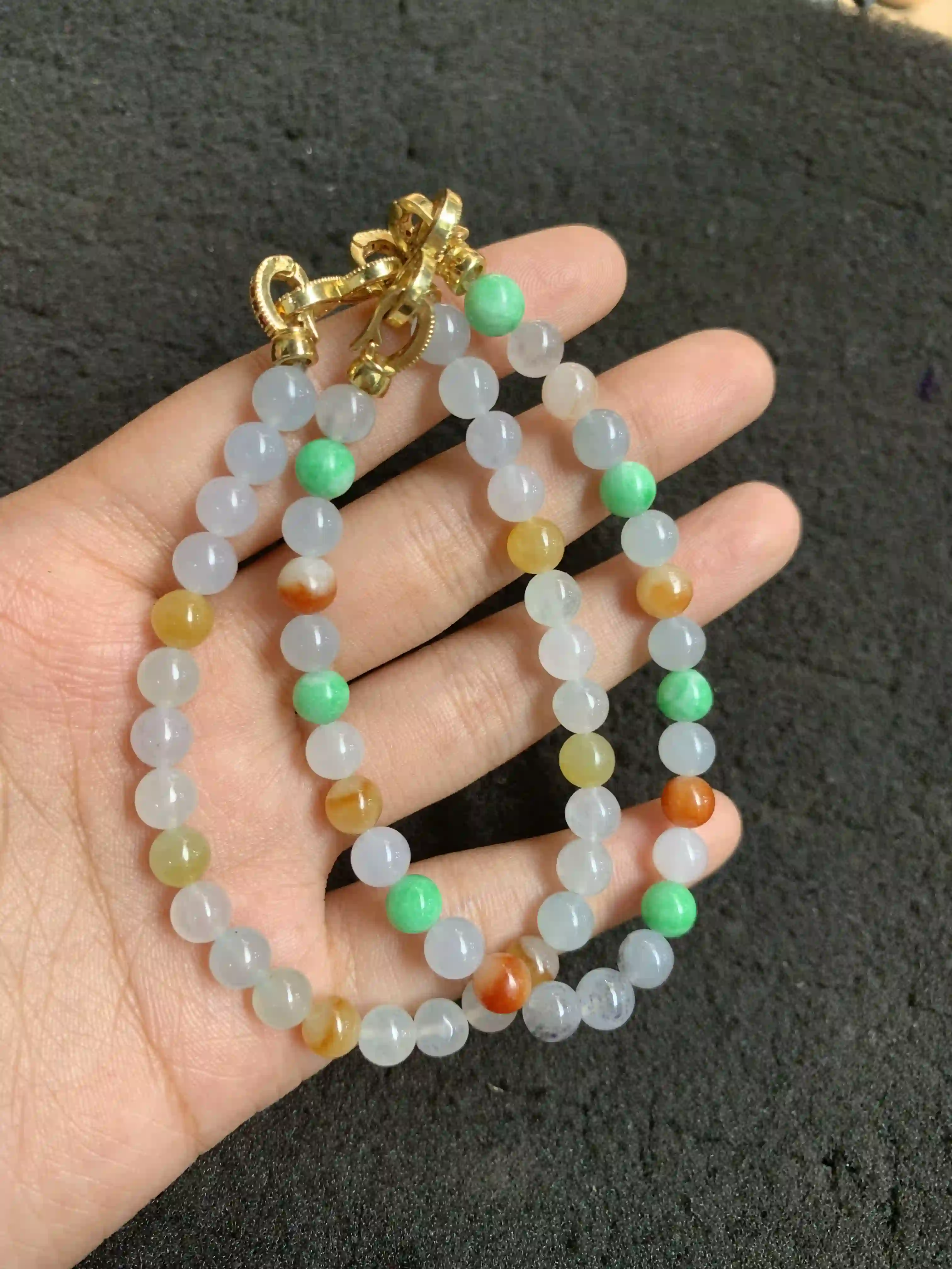 Multi-Color Jadeite Beaded Necklace with Gold-Toned Clasp, view 2 | Myanmar Jadeite reference #870003