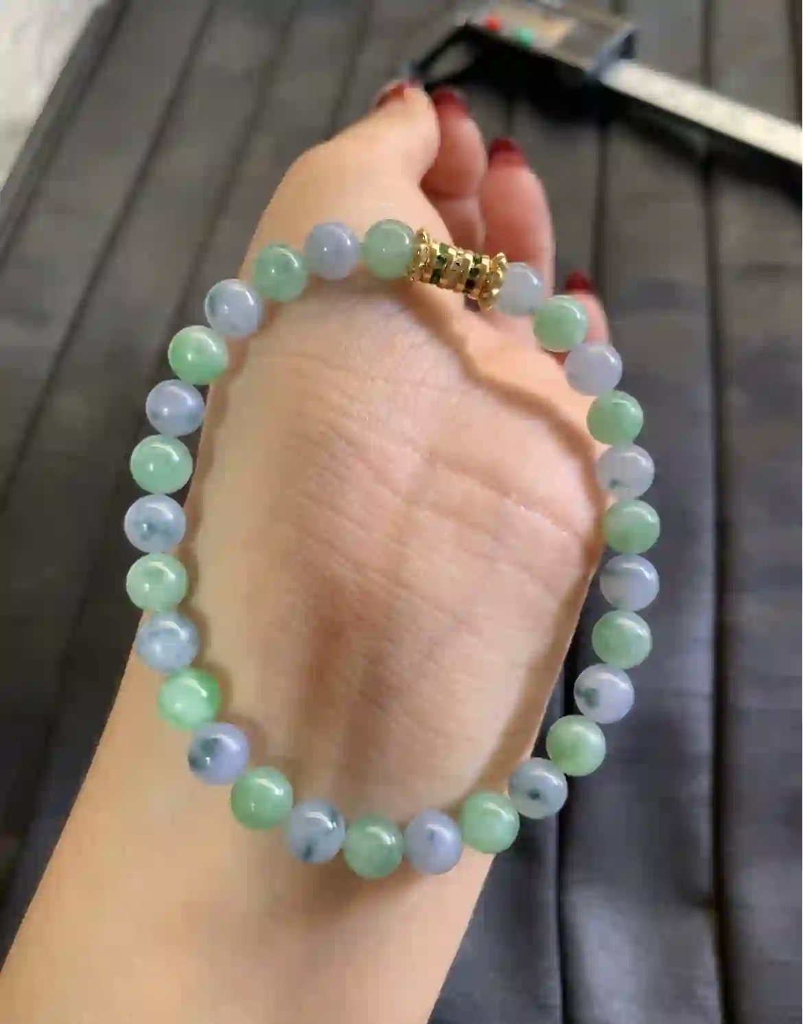   Lavender & Green Floating Flower Jade Bead Bracelet with Gold Spacer, view 2 | Myanmar Jadeite reference #2880008