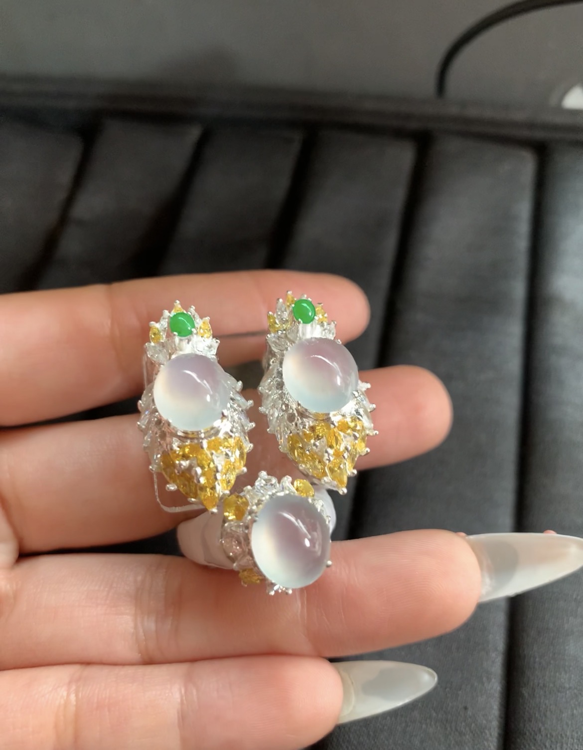 Icy White Jade with Gold and Green Accent Earrings - Burmese Jadeite Type A from Hpakant, Myanmar | Myanmar Jadeite