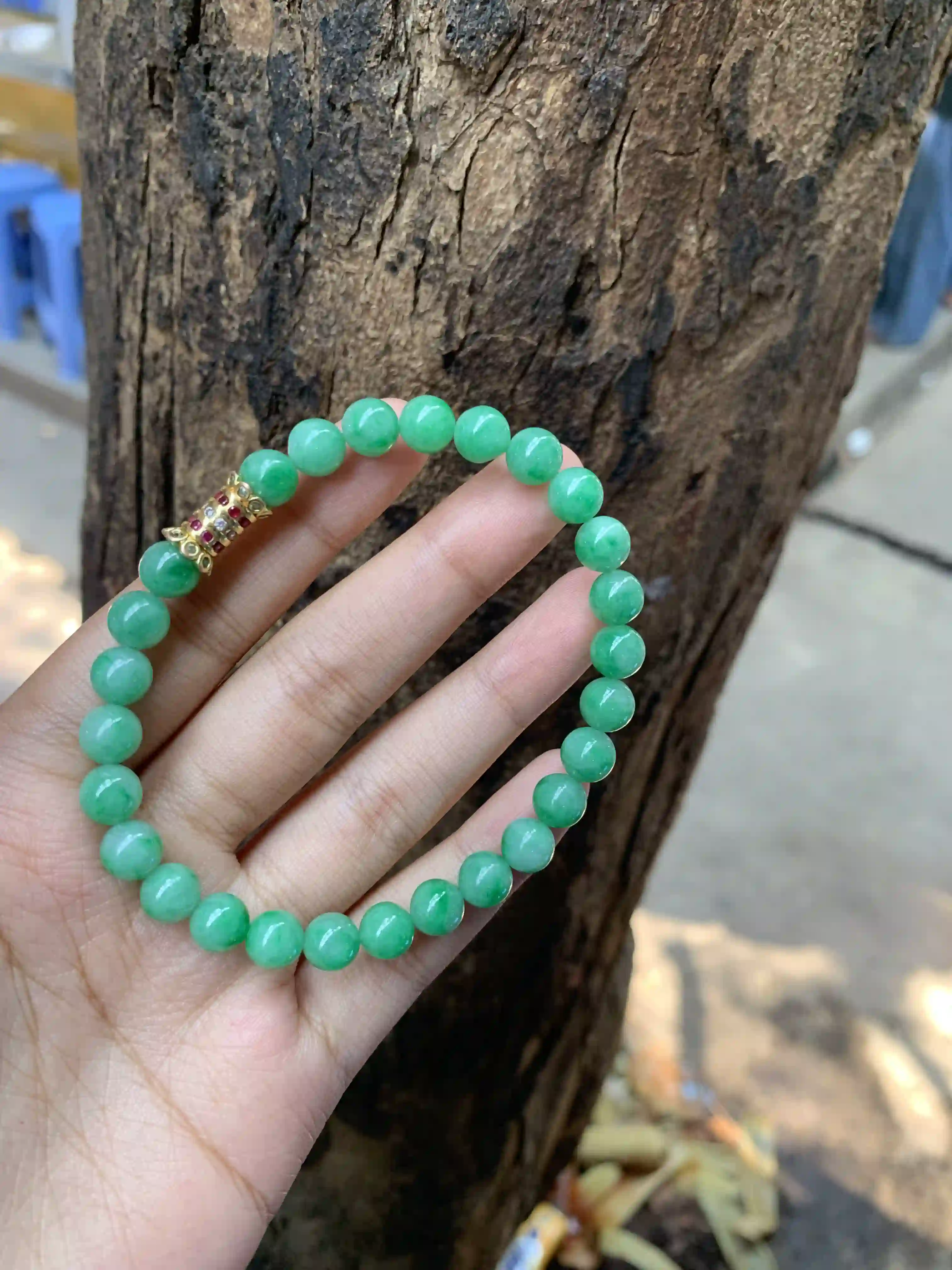 Natural Apple Green Jade Beaded Bracelet, view 2 | Myanmar Jadeite reference #2220007