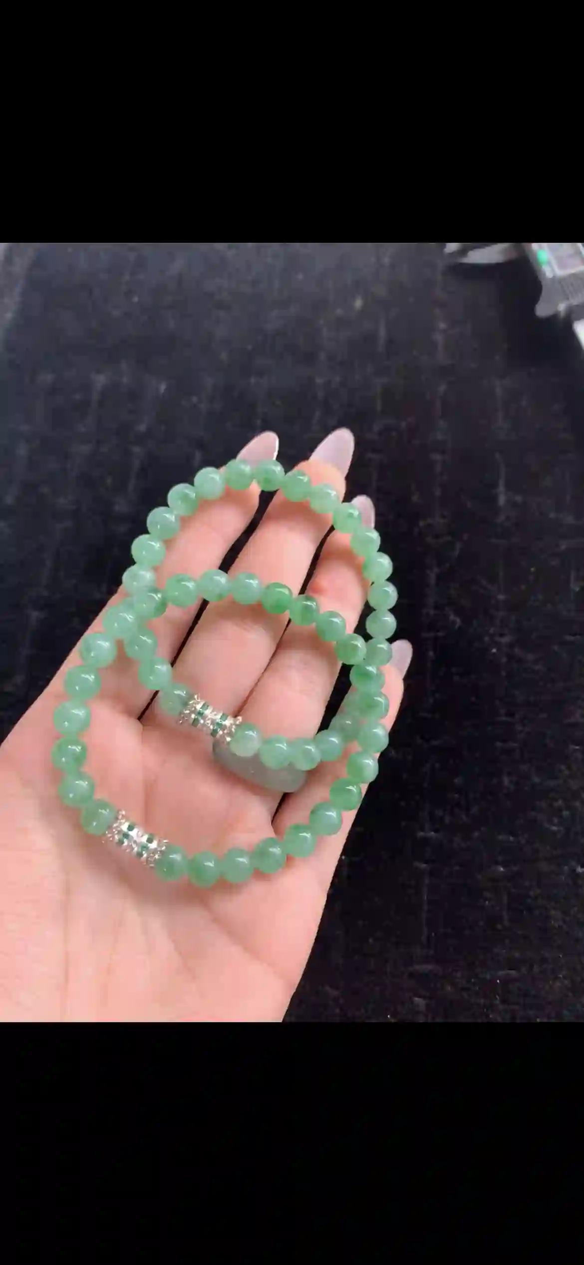 Luminous Apple-Green Jadeite Beaded Double Strand Bracelet — Silver Emerald & Diamond Spacers | Myanmar Jadeite reference #30120002