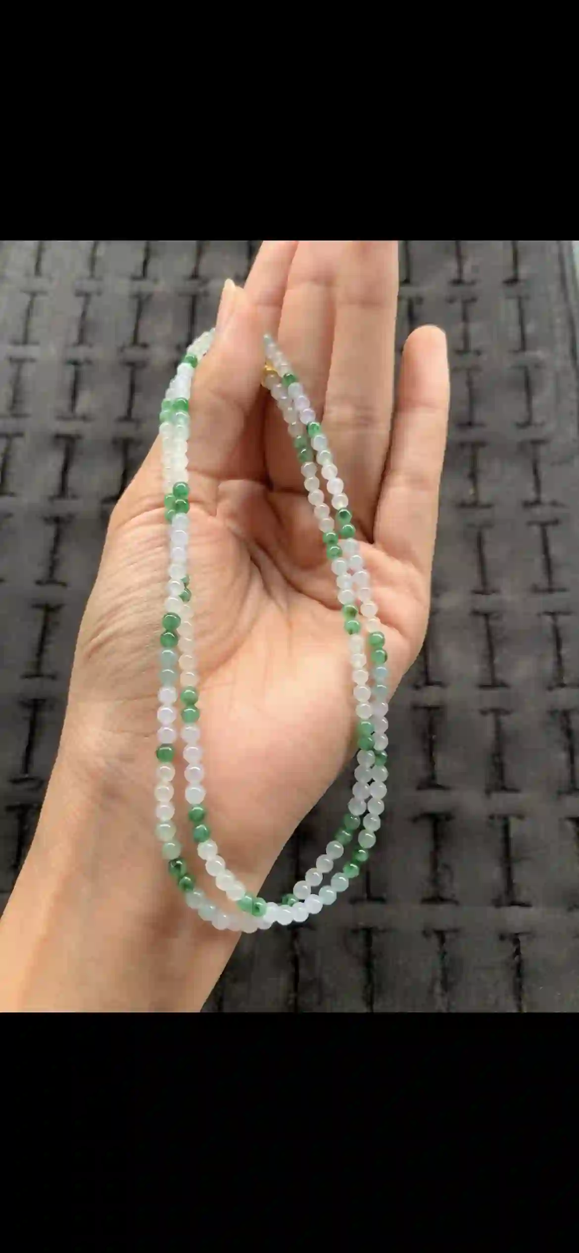 Alternating Icy White & Vivid Green Jade Beaded Necklace with Gold Clasp, view 2 | Myanmar Jadeite reference #22770001