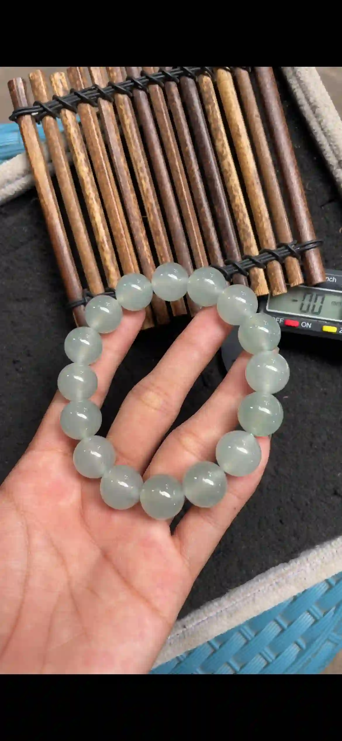 Icy Translucent Pale Blue-Green Jade Bead Bracelet, Smooth Round Gemstone Beads, view 2 | Myanmar Jadeite reference #5130001
