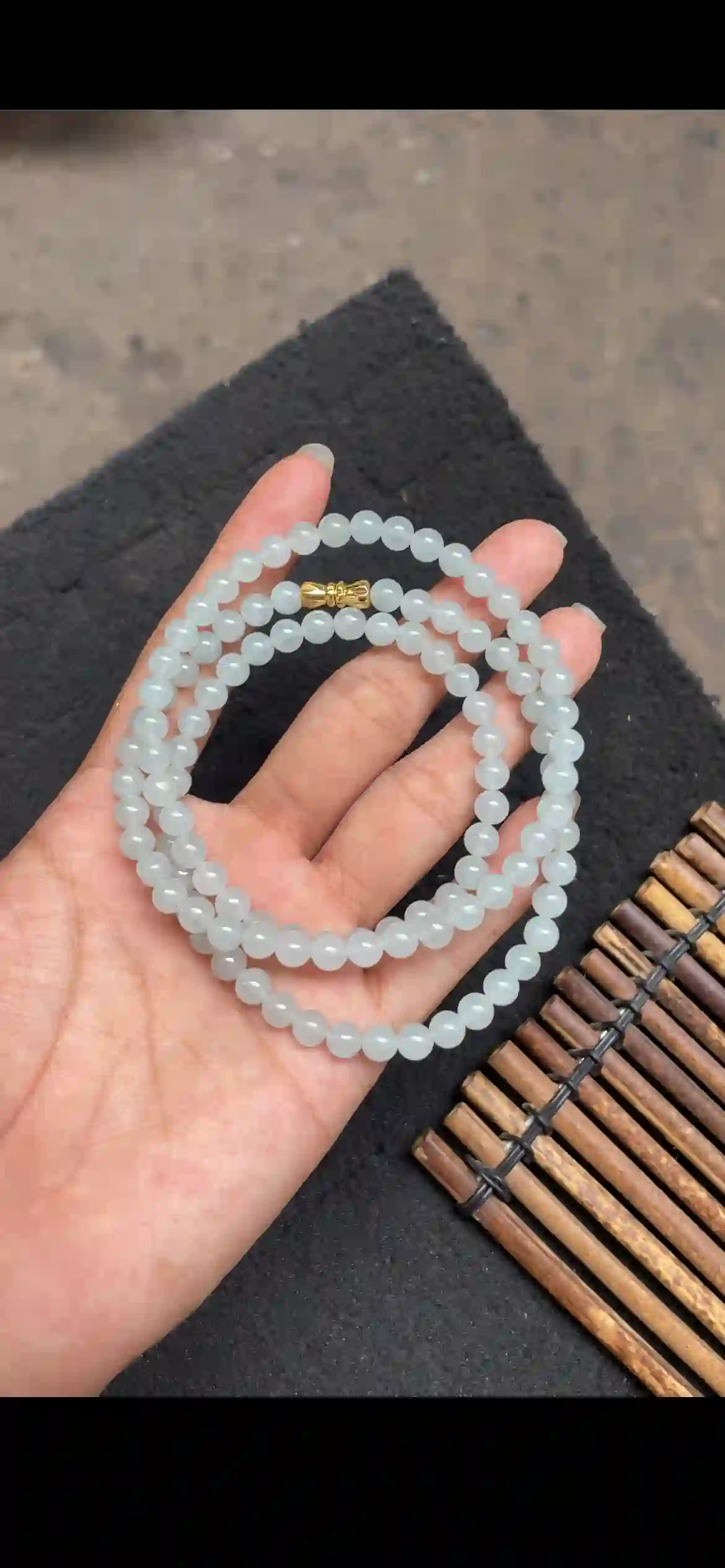 Icy Translucent Pale Blue-Green Jadeite Multi-Layer Bracelet with Gold Plated Clasp, view 2 | Myanmar Jadeite reference #4140002