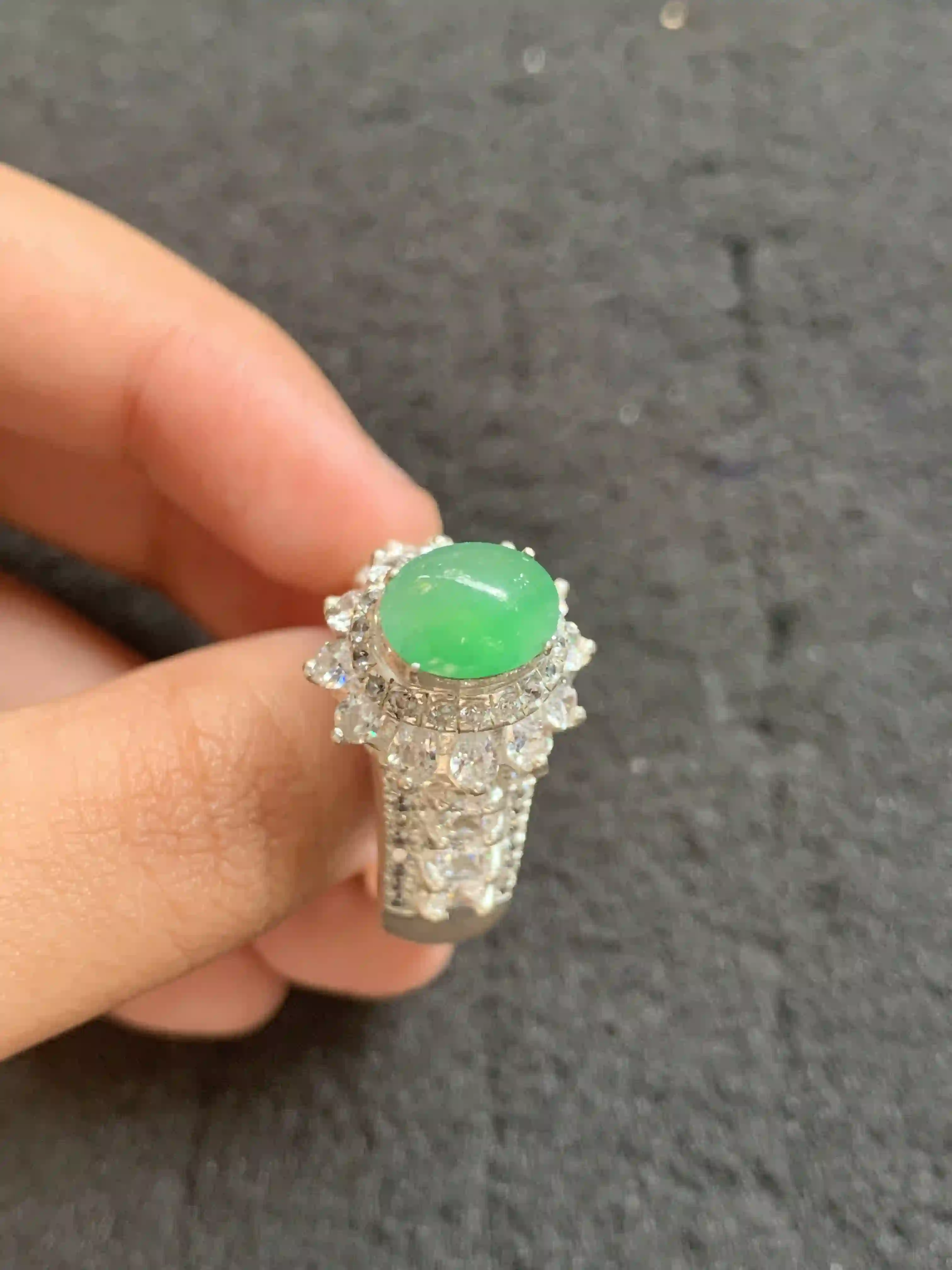 Green Jadeite and Diamond Ring, view 2 | Myanmar Jadeite reference #900001