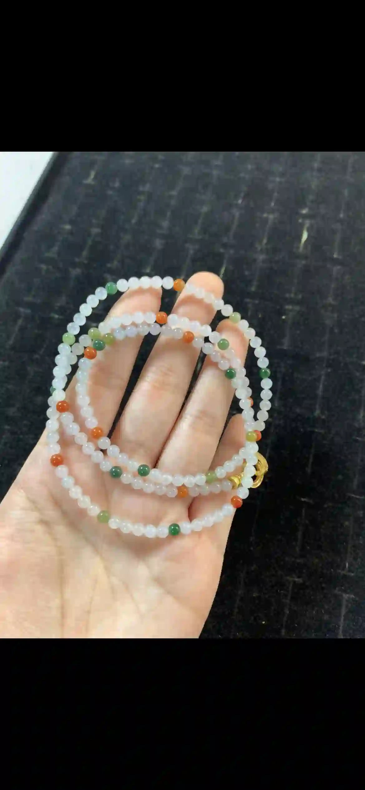 Icy White Jadeite Bead Long Necklace — Multi-Color Accents & Gold Clasp, view 2 | Myanmar Jadeite reference #20790001