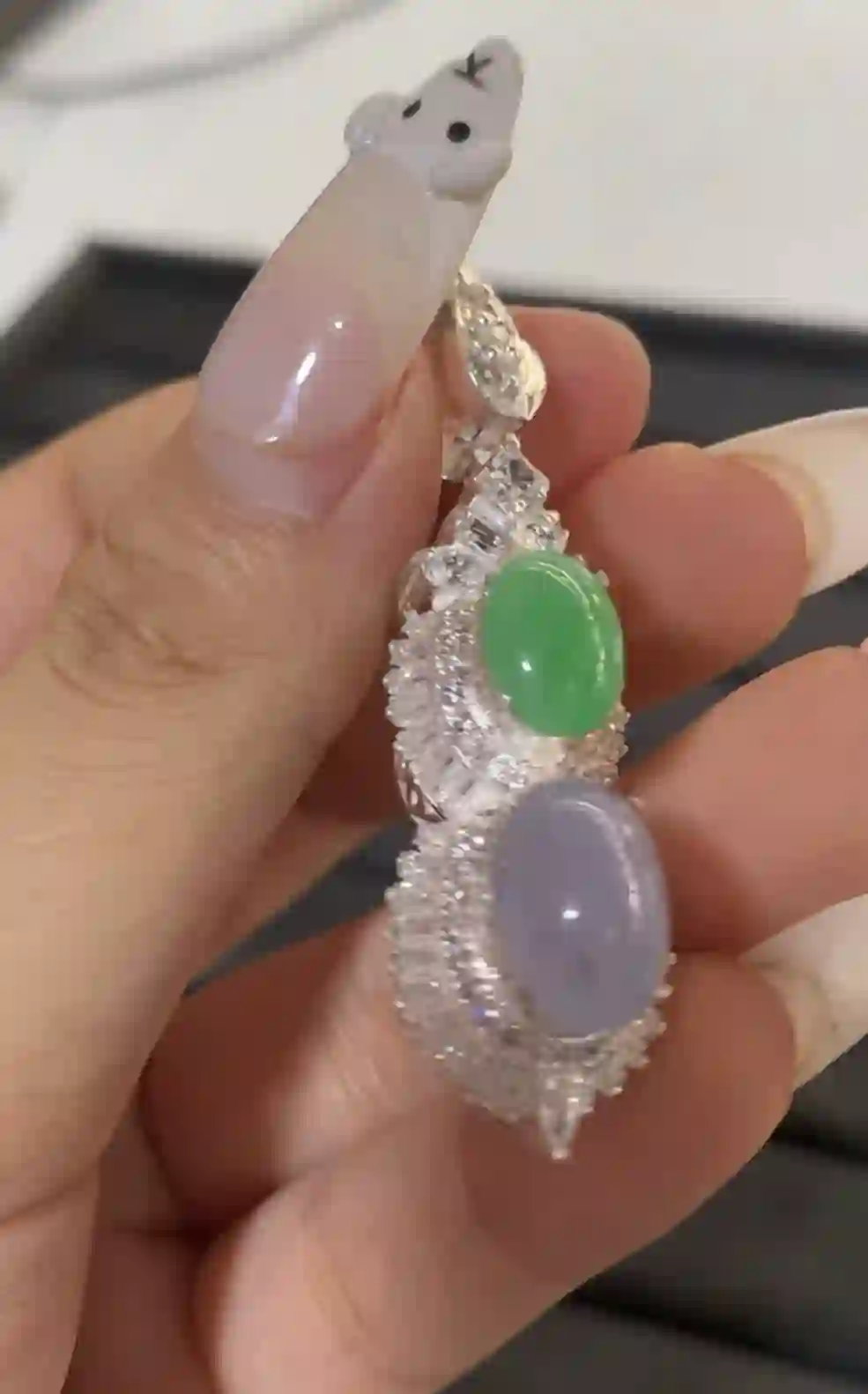 Luxury Jade & Diamond Pendant in Sterling Silver | Myanmar Jadeite reference #1680003