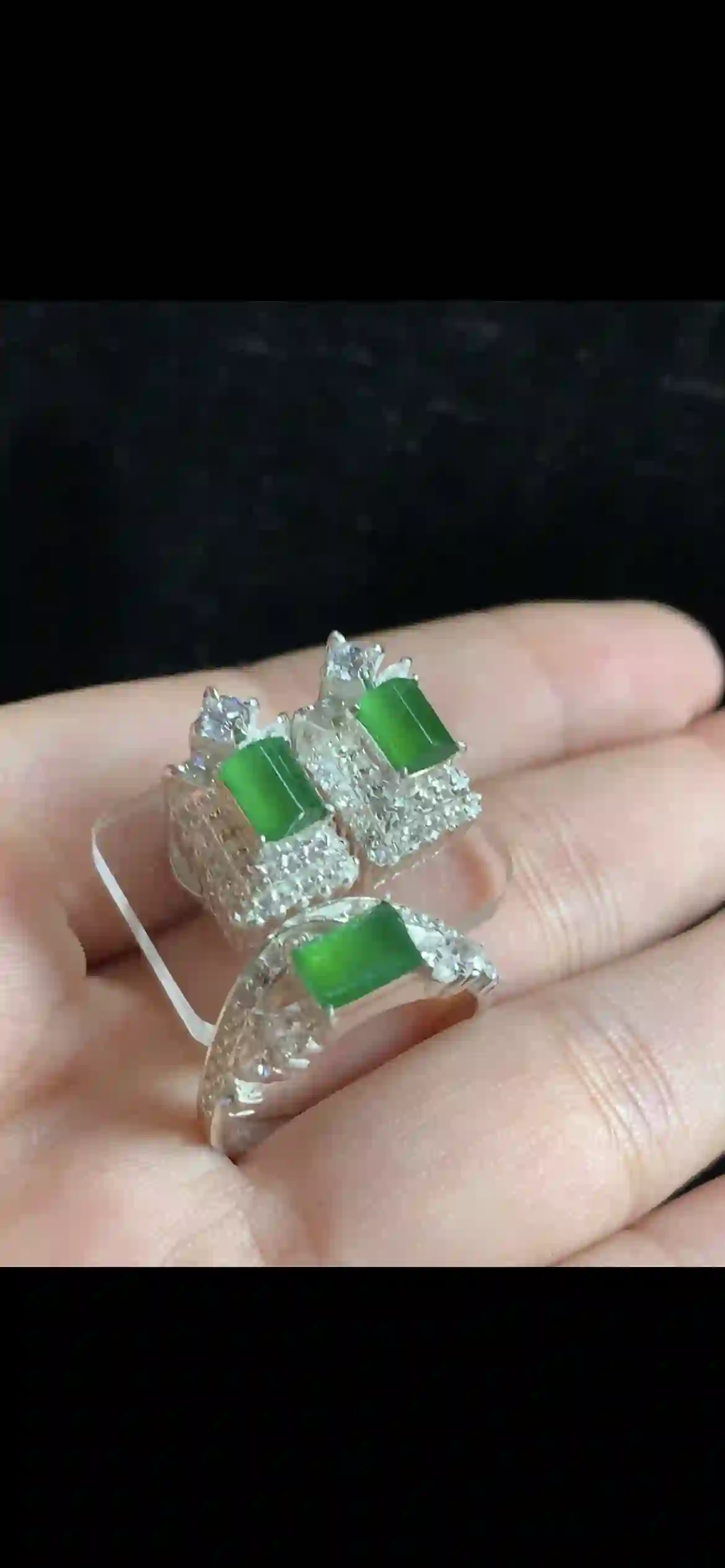 Vivid Green Jade Rectangular Cabochon & Diamond Jewelry Set — 2 Studs + 1 Ring | Myanmar Jadeite reference #35940001