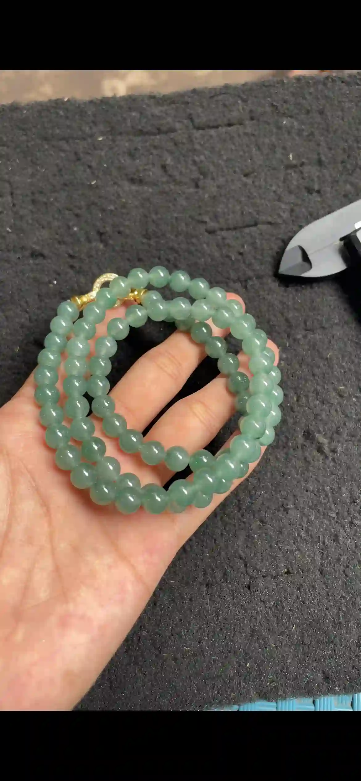 Translucent Deep Green Jadeite Beaded Multi-Strand Bracelet with Gold Clasp, view 2 | Myanmar Jadeite reference #4530002