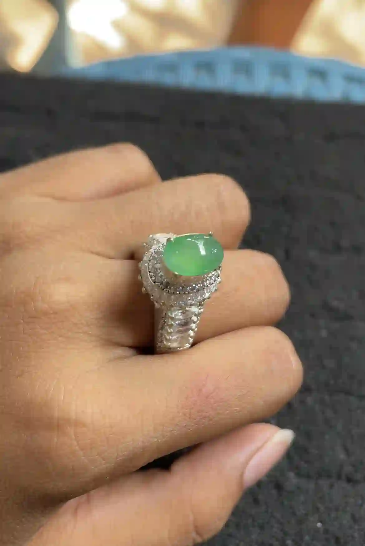Natural Icy Green Jade Cabochon Ring | Myanmar Jadeite reference #2310004