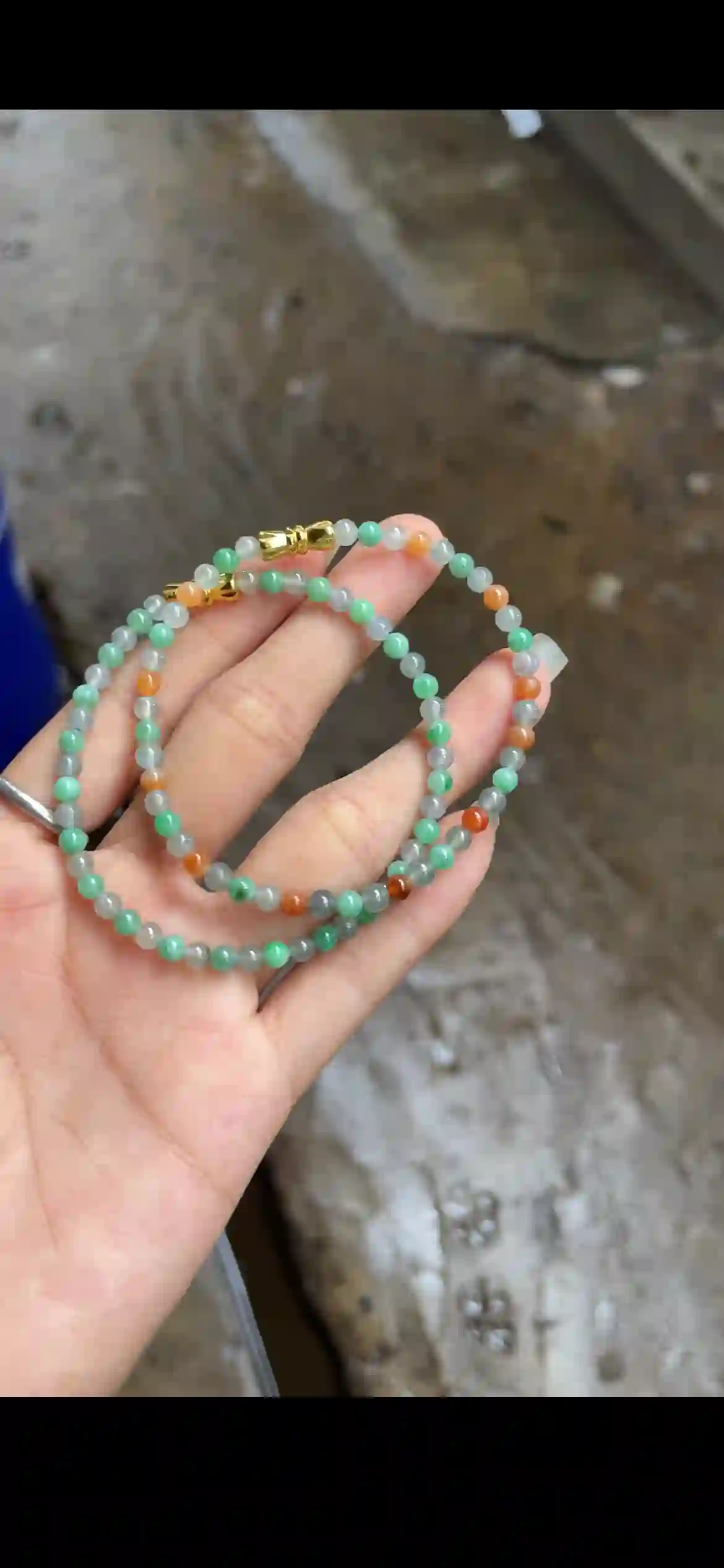 Multi-Color Jadeite Bead Long Necklace — White, Green, Yellow & Orange-Red with Gold Clasp, view 2 | Myanmar Jadeite reference #20430001