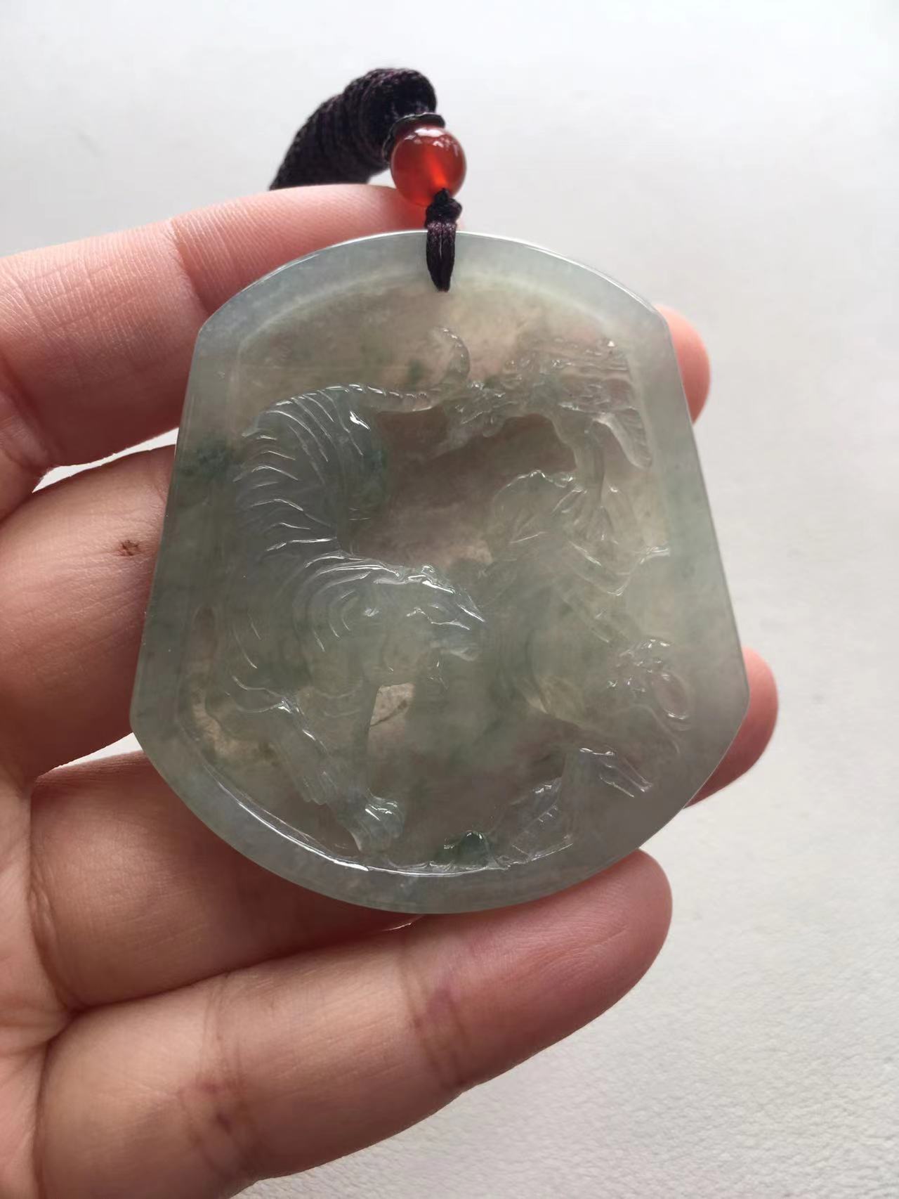 Icy Jade Pendant with Tiger Carving - Burmese Jadeite Type A from Hpakant, Myanmar | Myanmar Jadeite