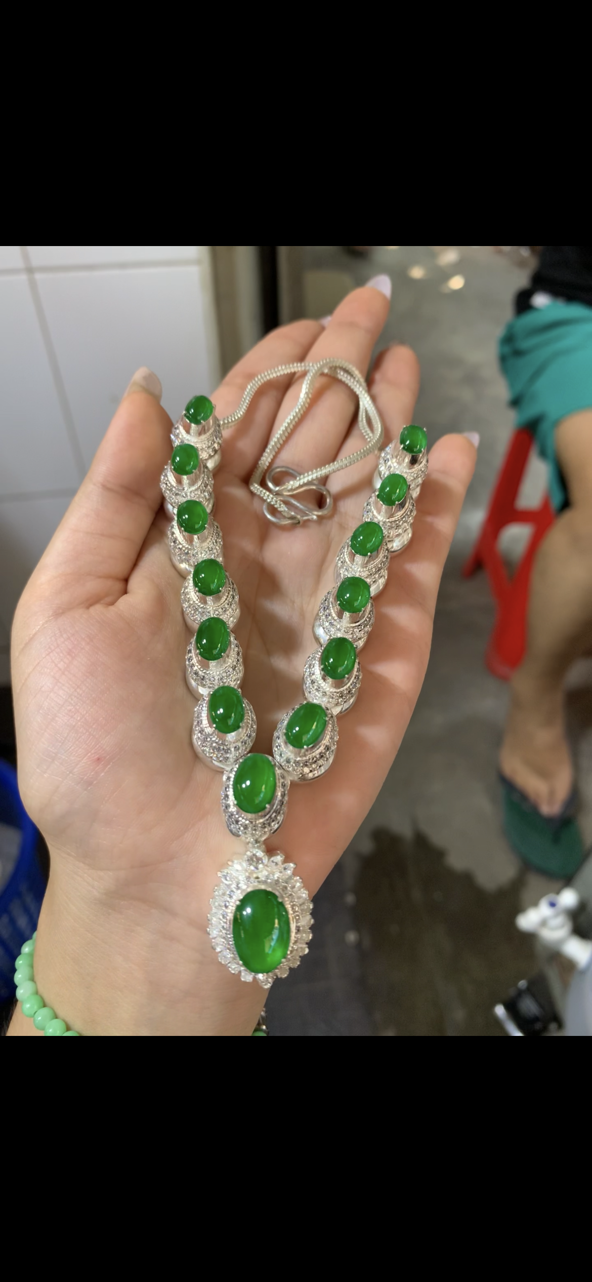 Imperial Green Jade Cabochon Statement Necklace — Sterling Silver & White Sapphire Halo