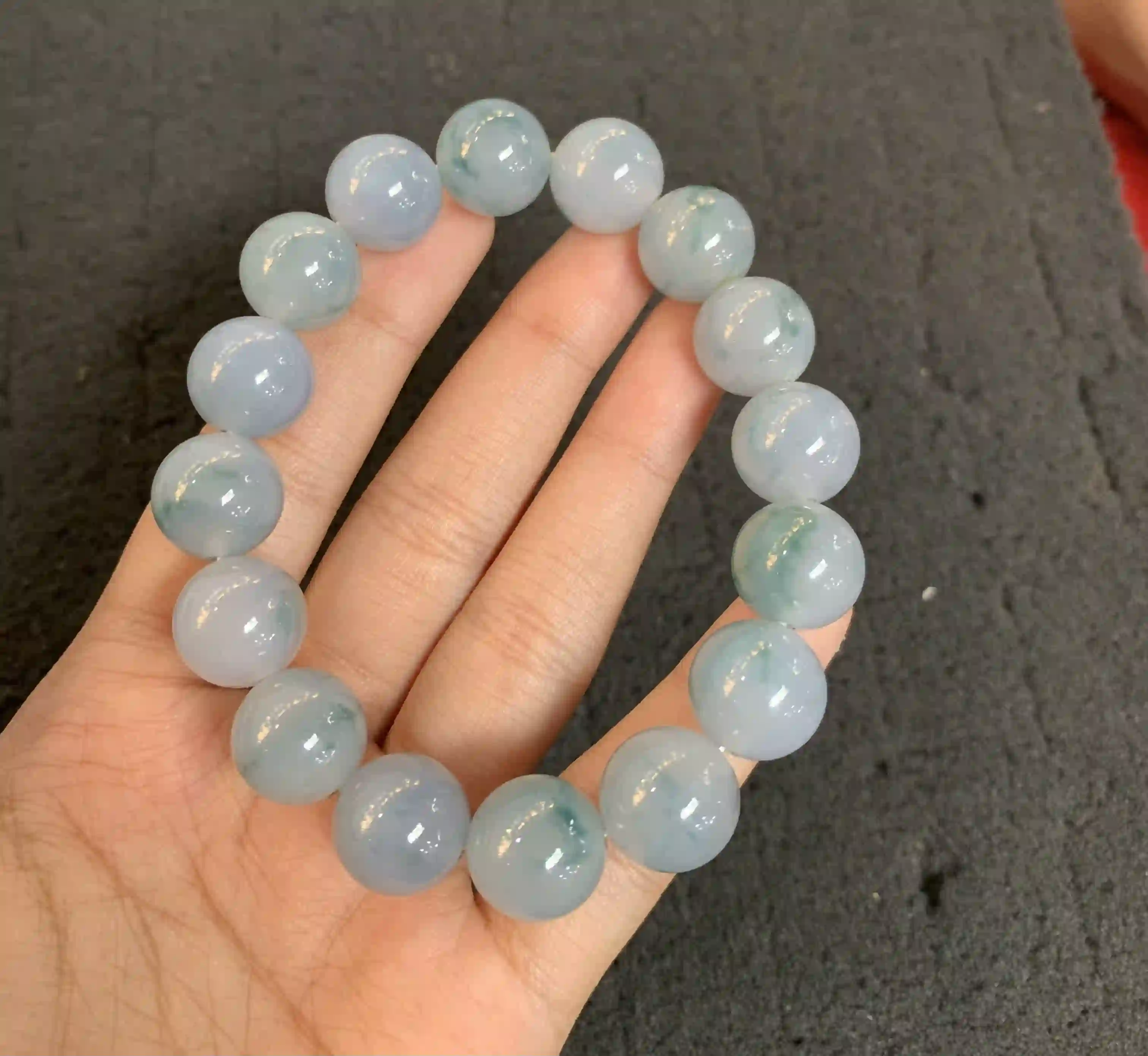 Natural Icy Lavender Jadeite Beaded Bracelet with Green Patterns, view 2 | Myanmar Jadeite reference #1410002
