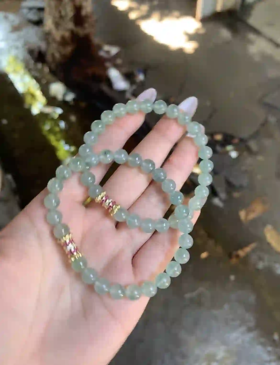 Icy Olive Green Jadeite Double-Strand Bracelet Set with Gold & Gemstone Accents | Myanmar Jadeite reference #29850001