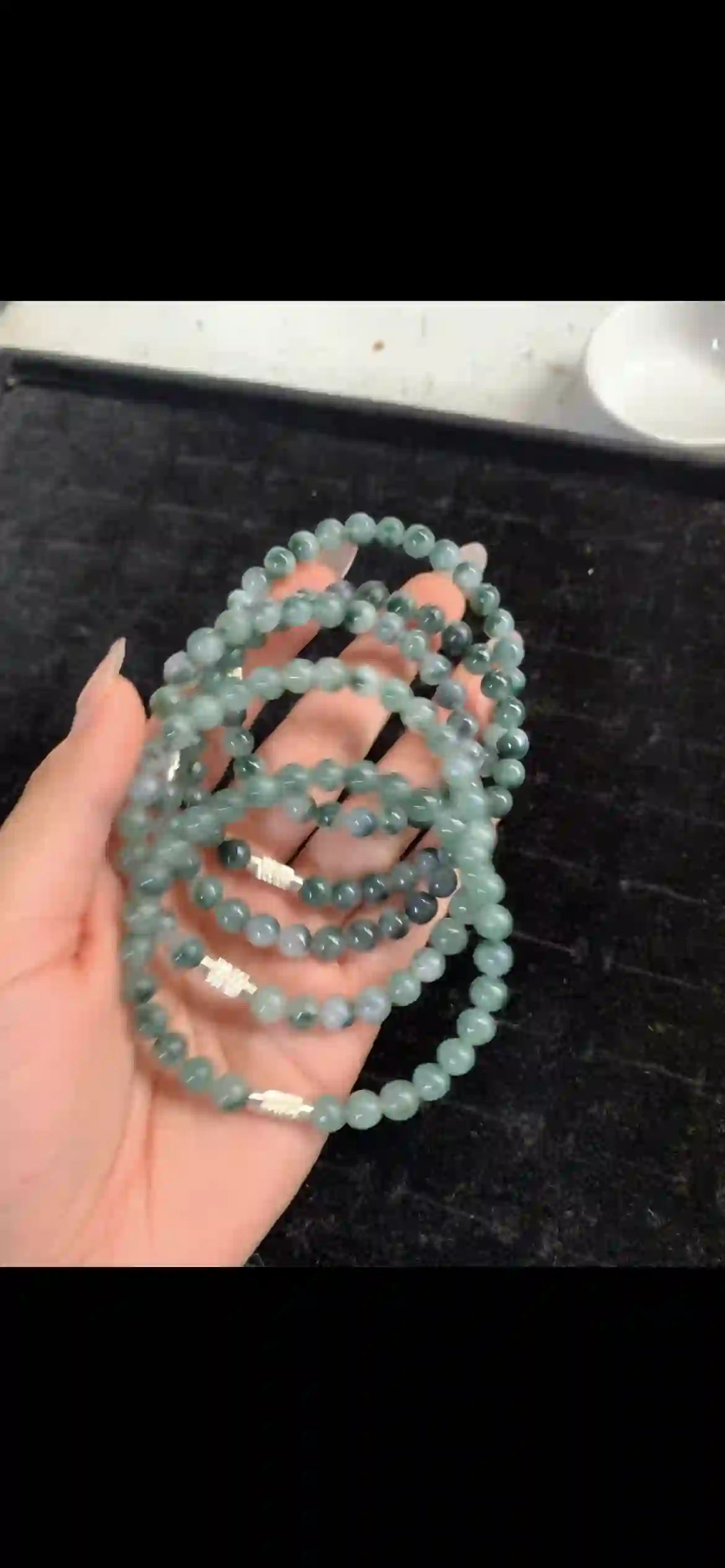 Deep Emerald Floating Jadeite Multi-Strand Bracelet — Silver Accent Spacers | Myanmar Jadeite reference #30360001