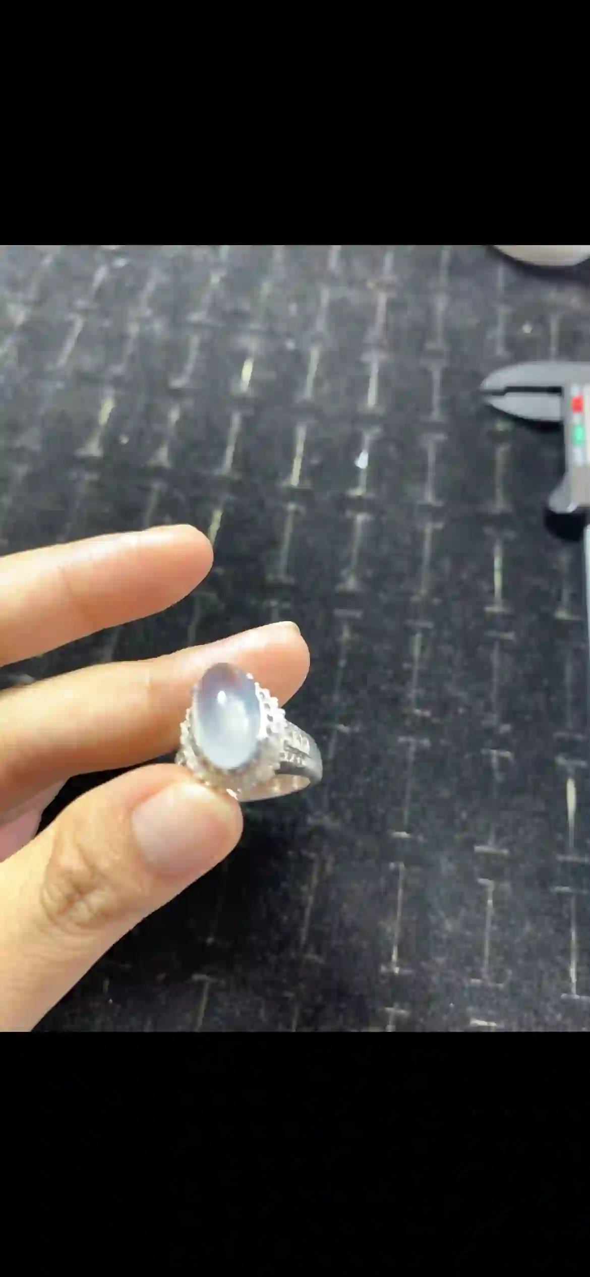 High-Icy Pale Blue-Green Jadeite Cabochon Ring with Double Diamond Halo | Myanmar Jadeite reference #20400001
