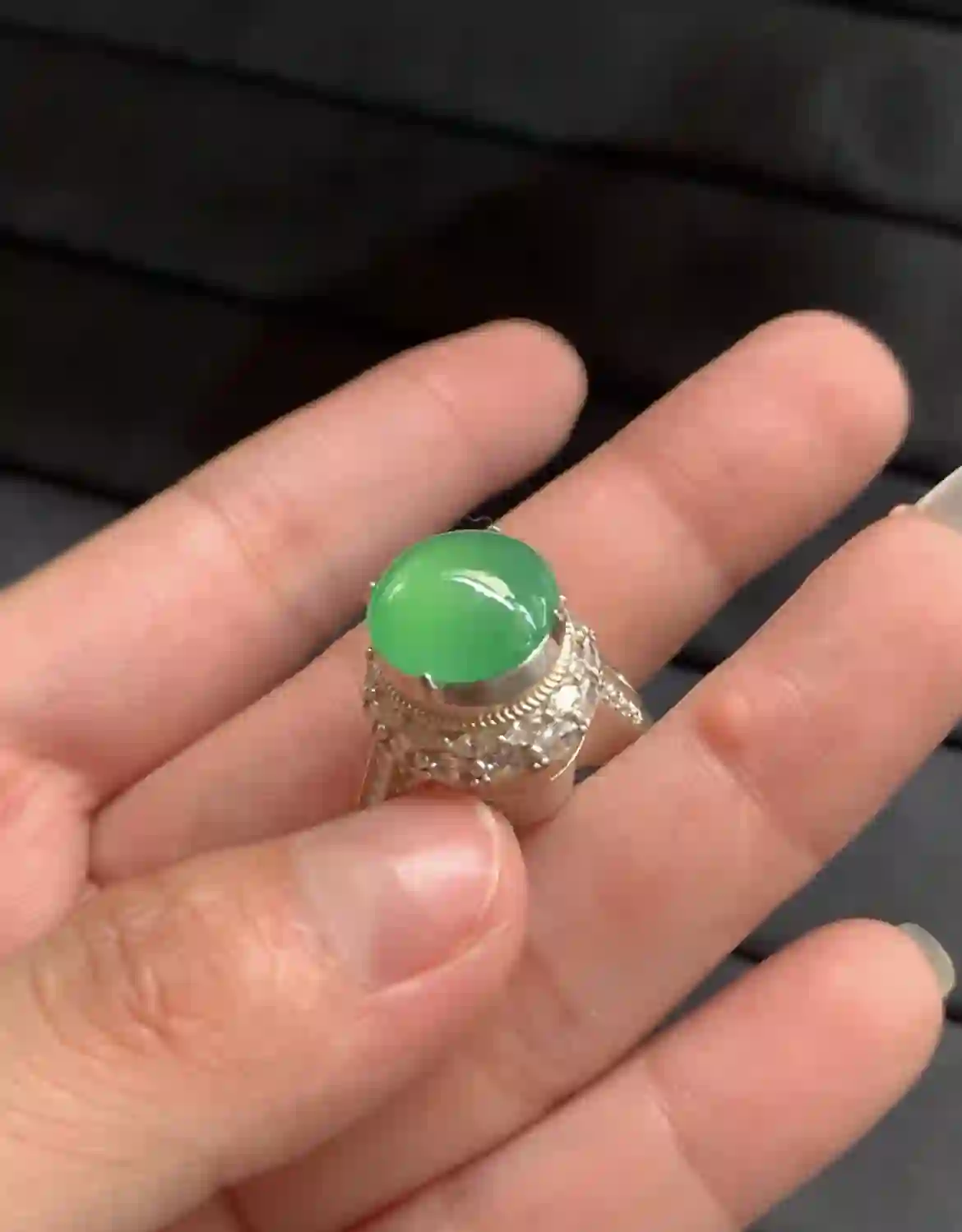Vibrant Green Jade Halo Ring | Myanmar Jadeite reference #2160004