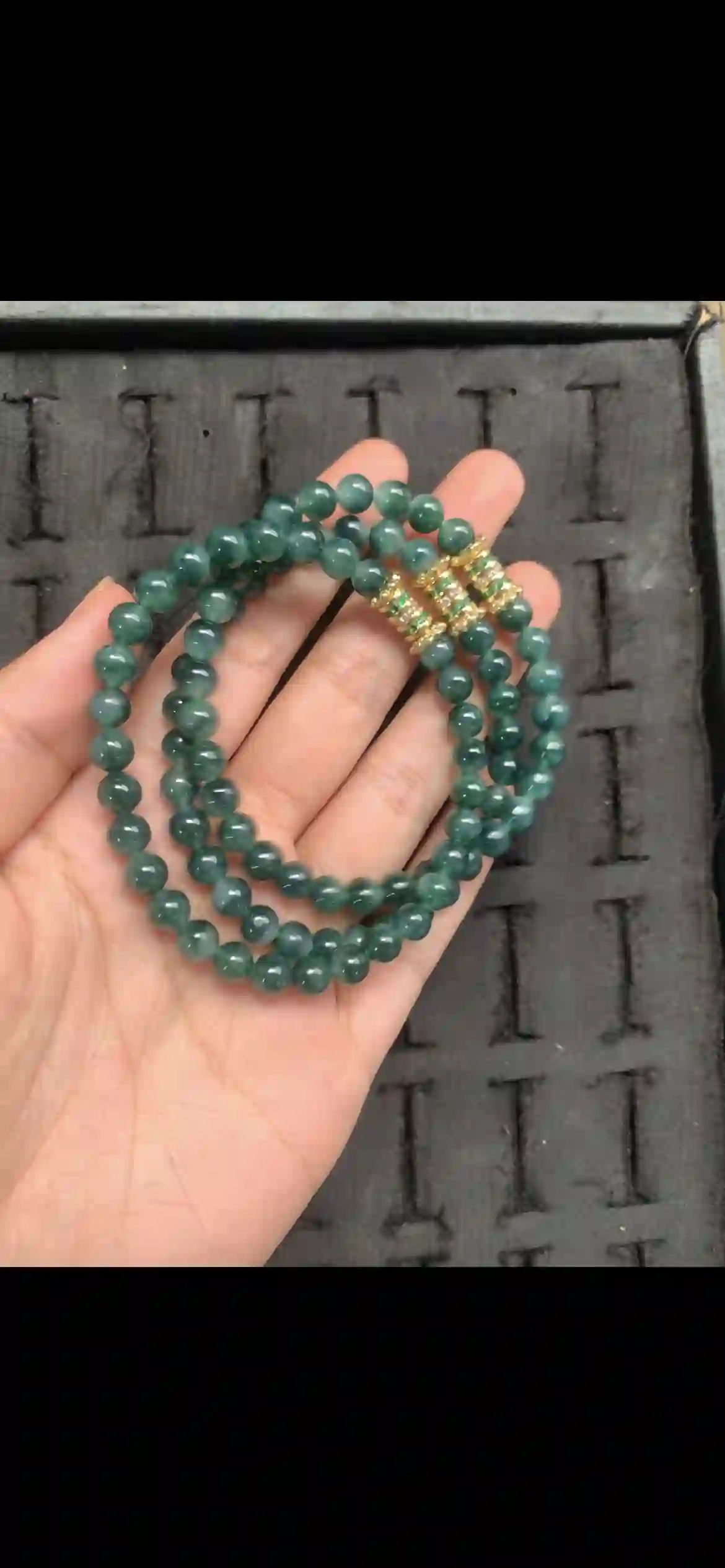 Deep Dark Green Jadeite Bead Three-Strand Bracelet with Gold & Green Crystal Accents, view 2 | Myanmar Jadeite reference #20250001