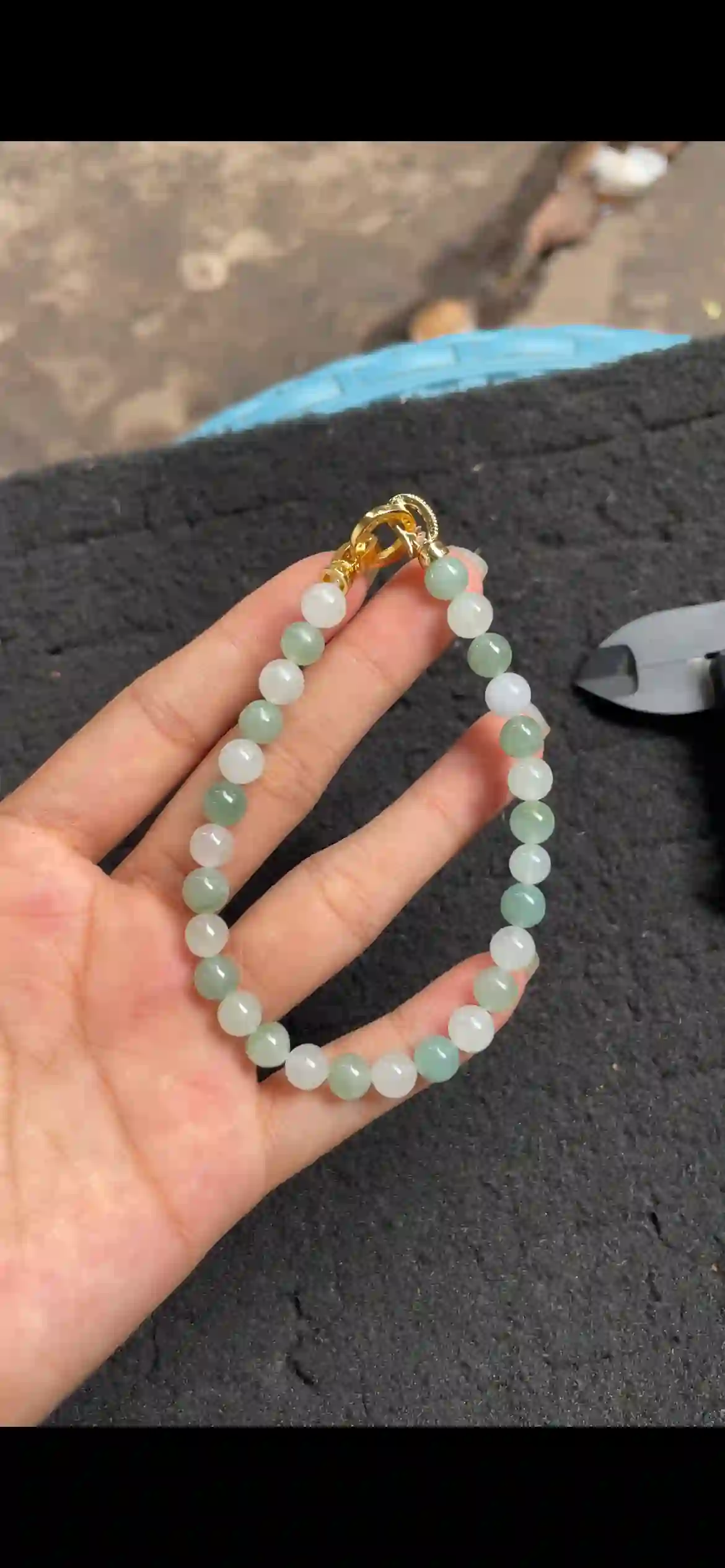Icy White & Soft Green Gradient Jadeite Beaded Bracelet with Gold Clasp | Myanmar Jadeite reference #4500006