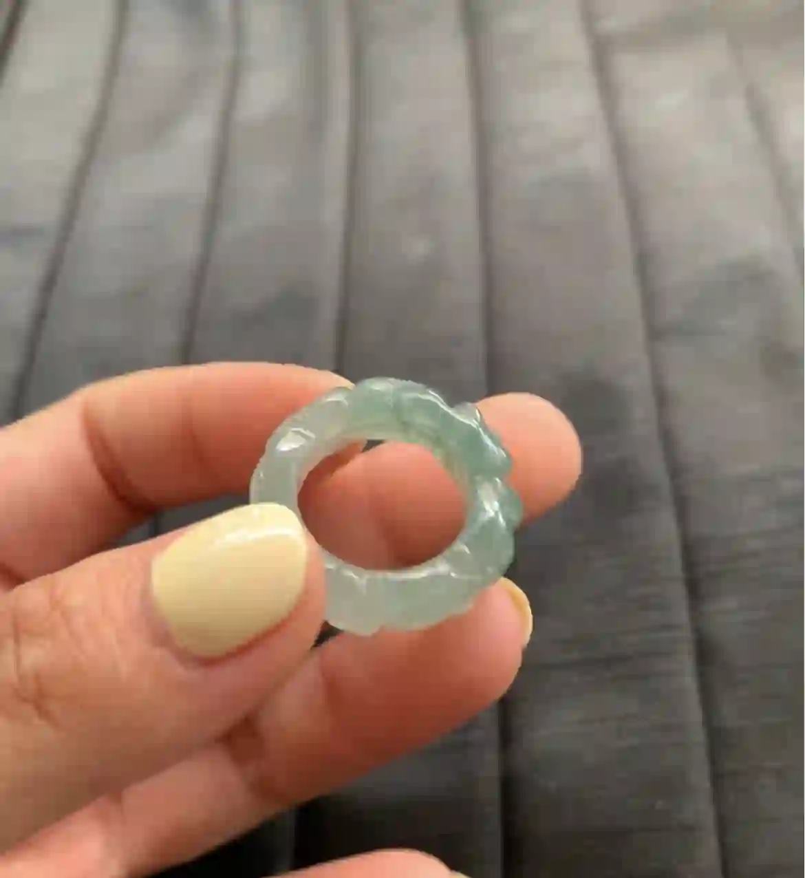   Natural Icy Green Jade Carved Ring, view 2 | Myanmar Jadeite reference #2490004