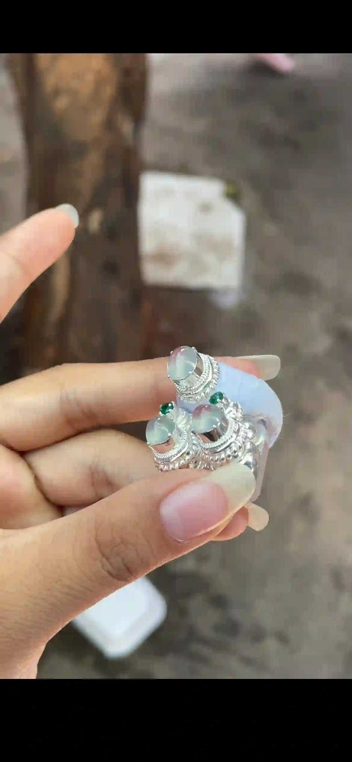 Icy Celadon Jadeite Earrings with Vivid Green Accent, view 2 | Myanmar Jadeite reference #17160001