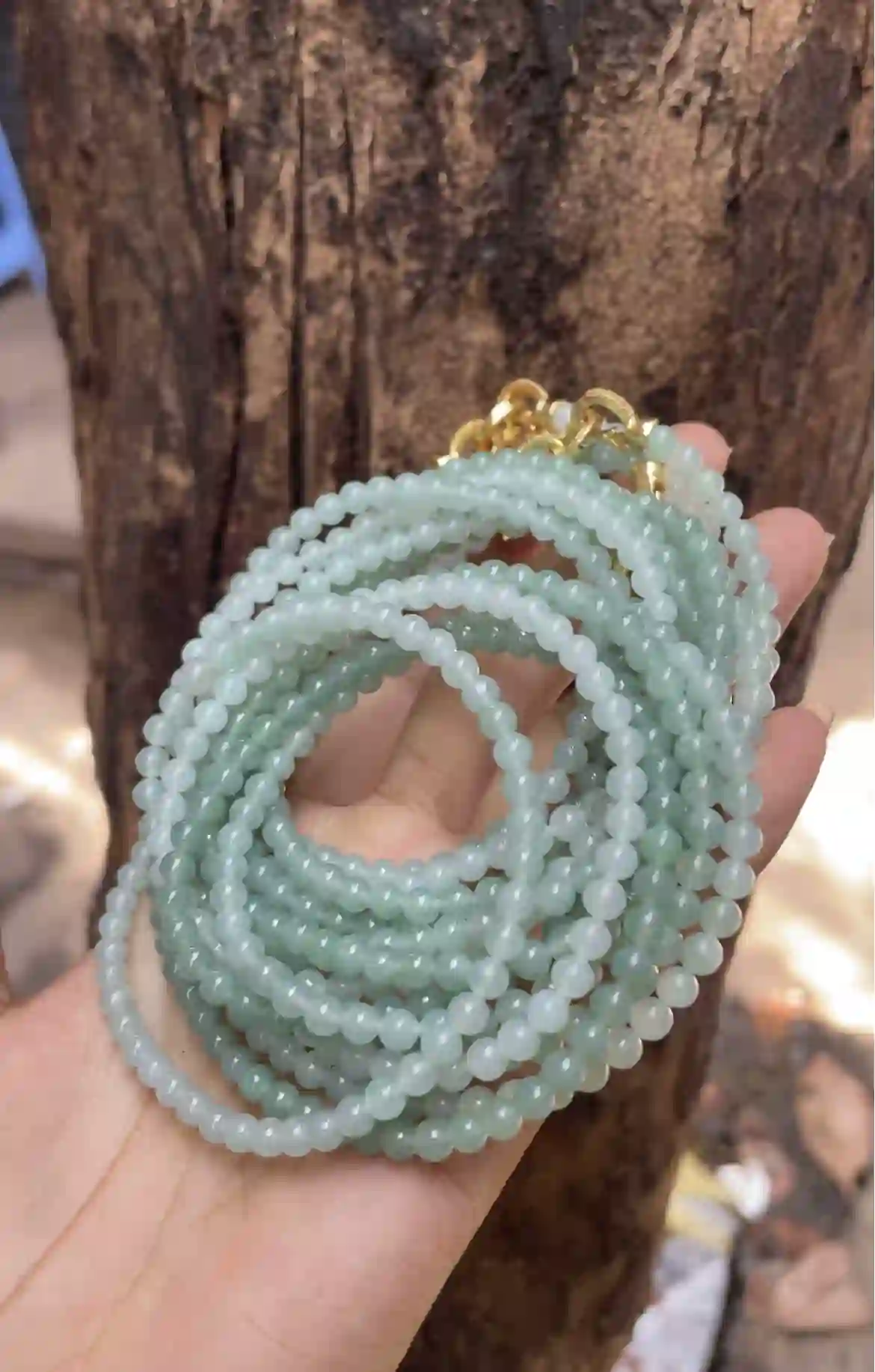 Natural Icy Green Jade Bead Necklace with Gold Clasp, view 2 | Myanmar Jadeite reference #2520003