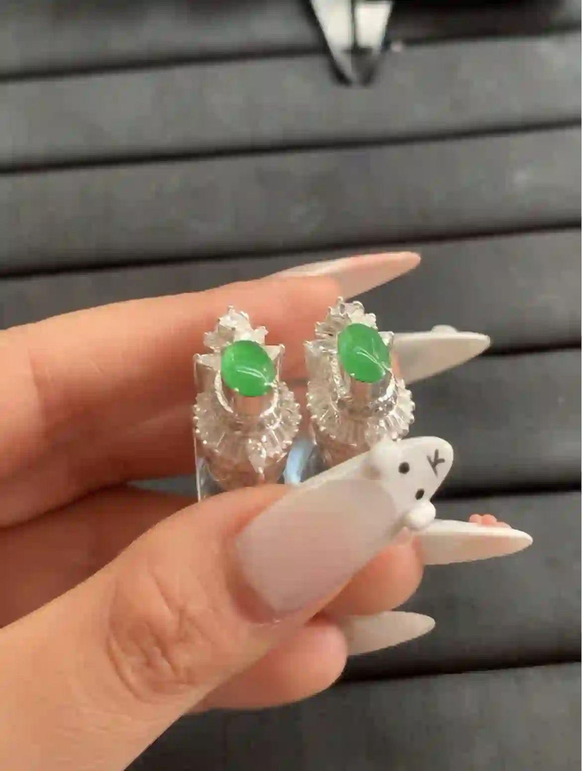 Luxurious Vivid Green Jadeite and Crystal Stud Earrings, view 2 | Myanmar Jadeite reference #1230009