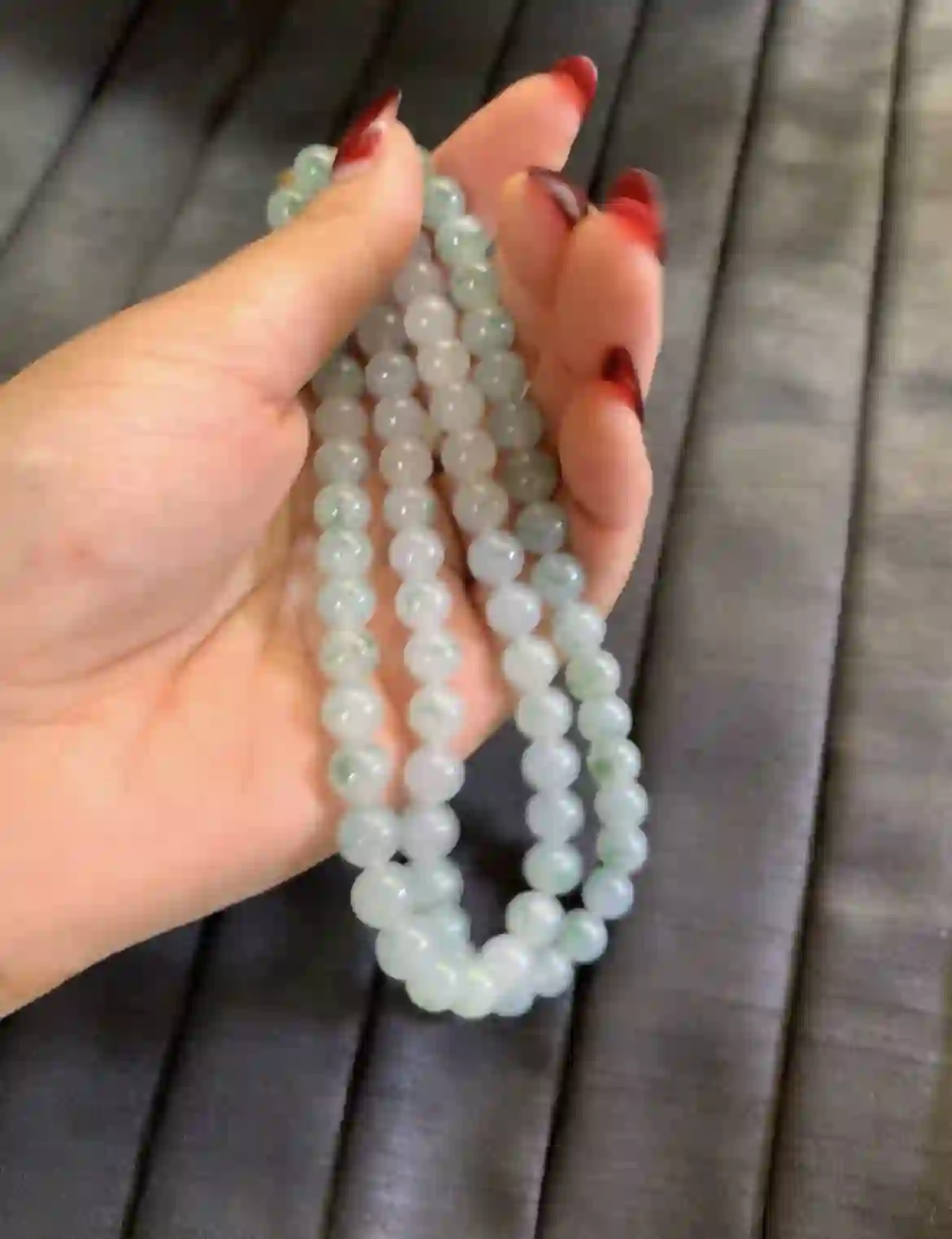 Icy White Floating Flower Jadeite Long Beaded Necklace with Gold Plated Clasp | Myanmar Jadeite reference #3840001