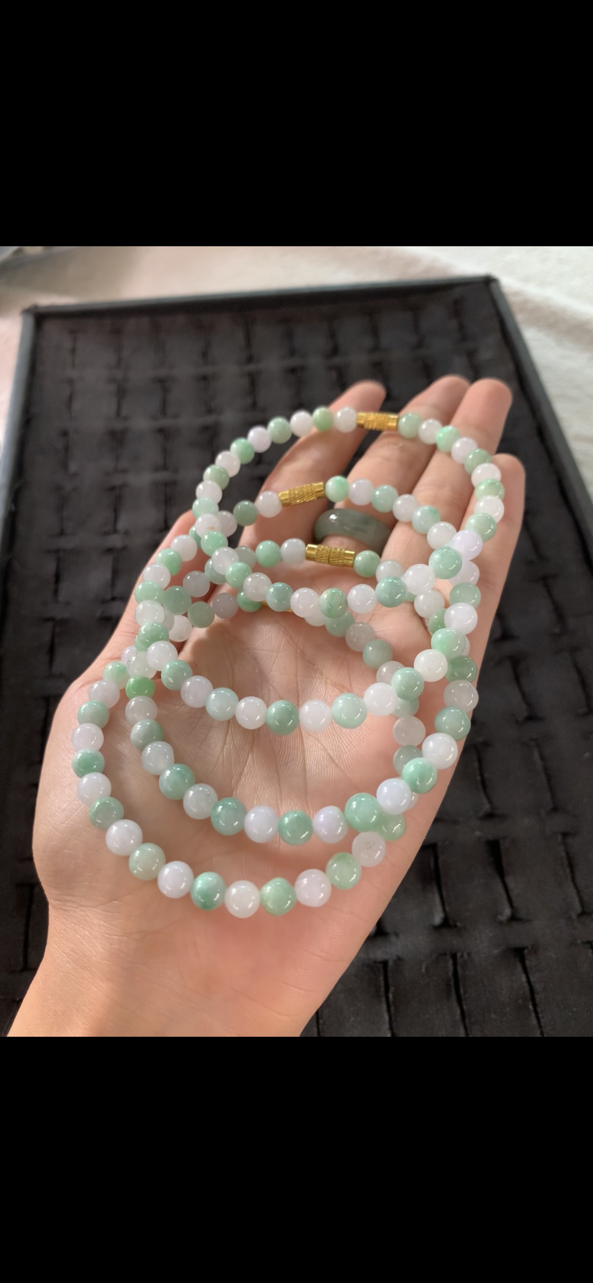 Soft White & Pale Green Jade Beaded Long Necklace — Gold Clasps