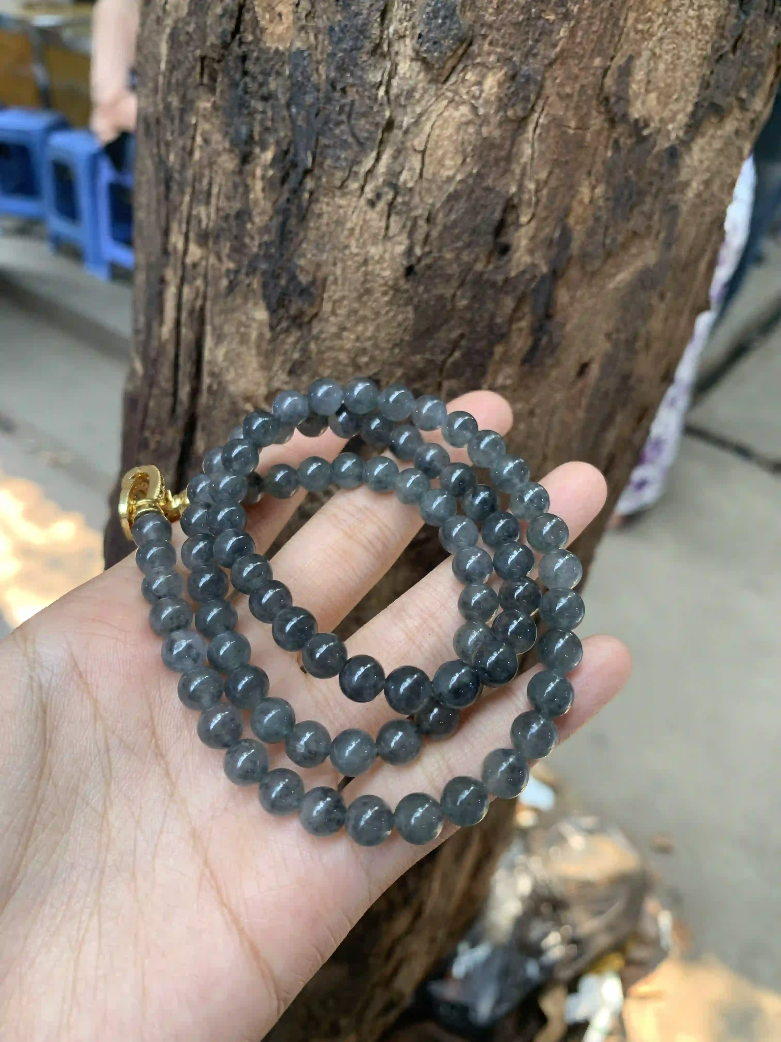   Natural Dark Black Ice Jade Bead Necklace | Myanmar Jadeite reference #1860007
