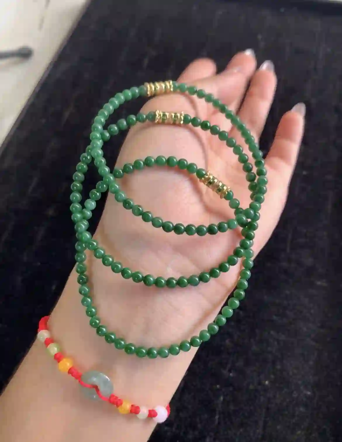 Rich Emerald Green Jade Multi-Wrap Beaded Bracelet with Gold Accent Spacers, view 2 | Myanmar Jadeite reference #22680001