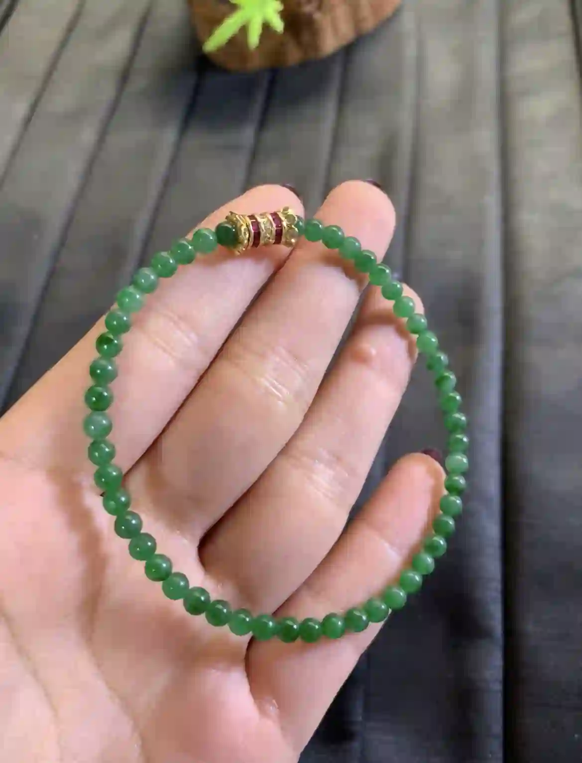 Vivid Emerald Green Mini Jade Bead Bracelet, view 2 | Myanmar Jadeite reference #2850006