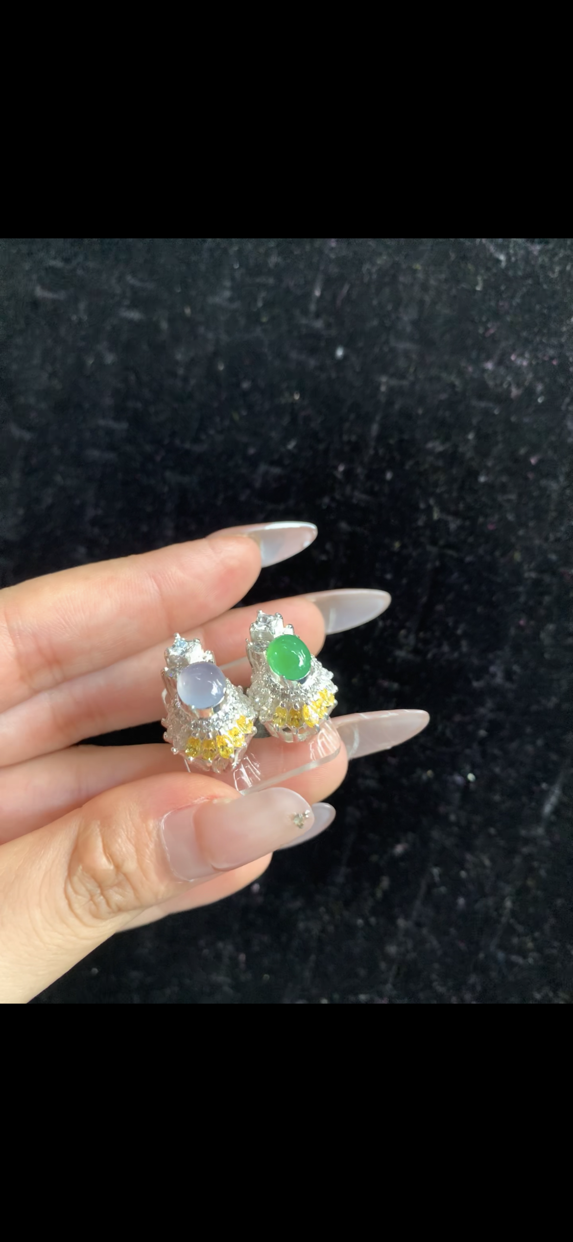 Mismatched Icy Lavender & Imperial Green Jade Earrings with Diamond & Yellow Gem Accents