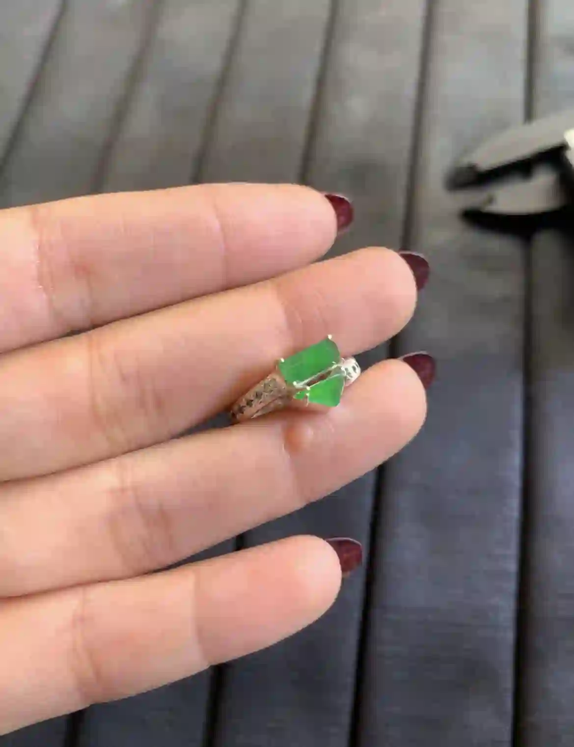 Modern Two-Stone Green Jade Ring in Geometric Cut | Myanmar Jadeite reference #2880006