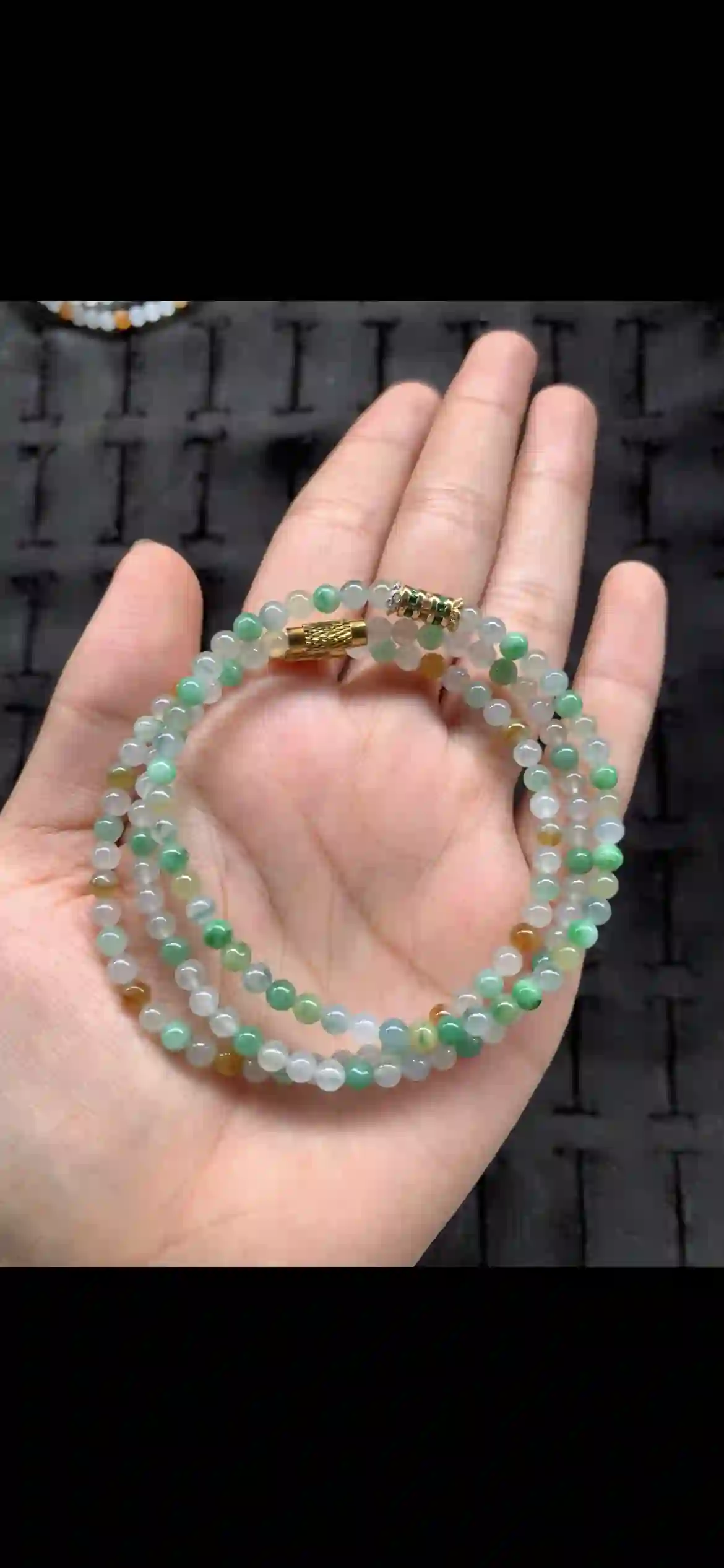 Multitone Green & Icy White Jade Bead Double-Strand Bracelet with Gold Clasp | Myanmar Jadeite reference #21060001