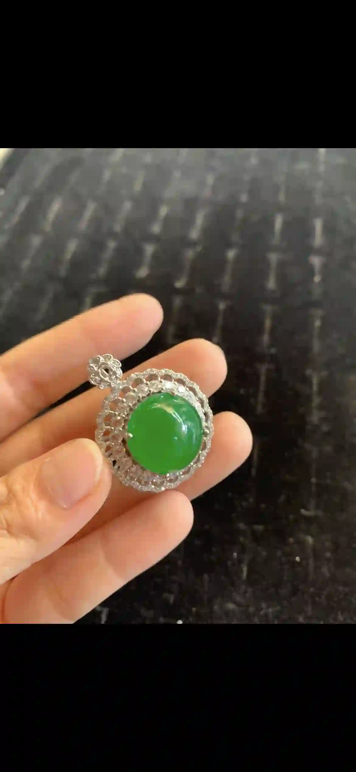  Premium Vivid Green Jade & Diamond Halo Pendant, view 2 | Myanmar Jadeite reference #17610001