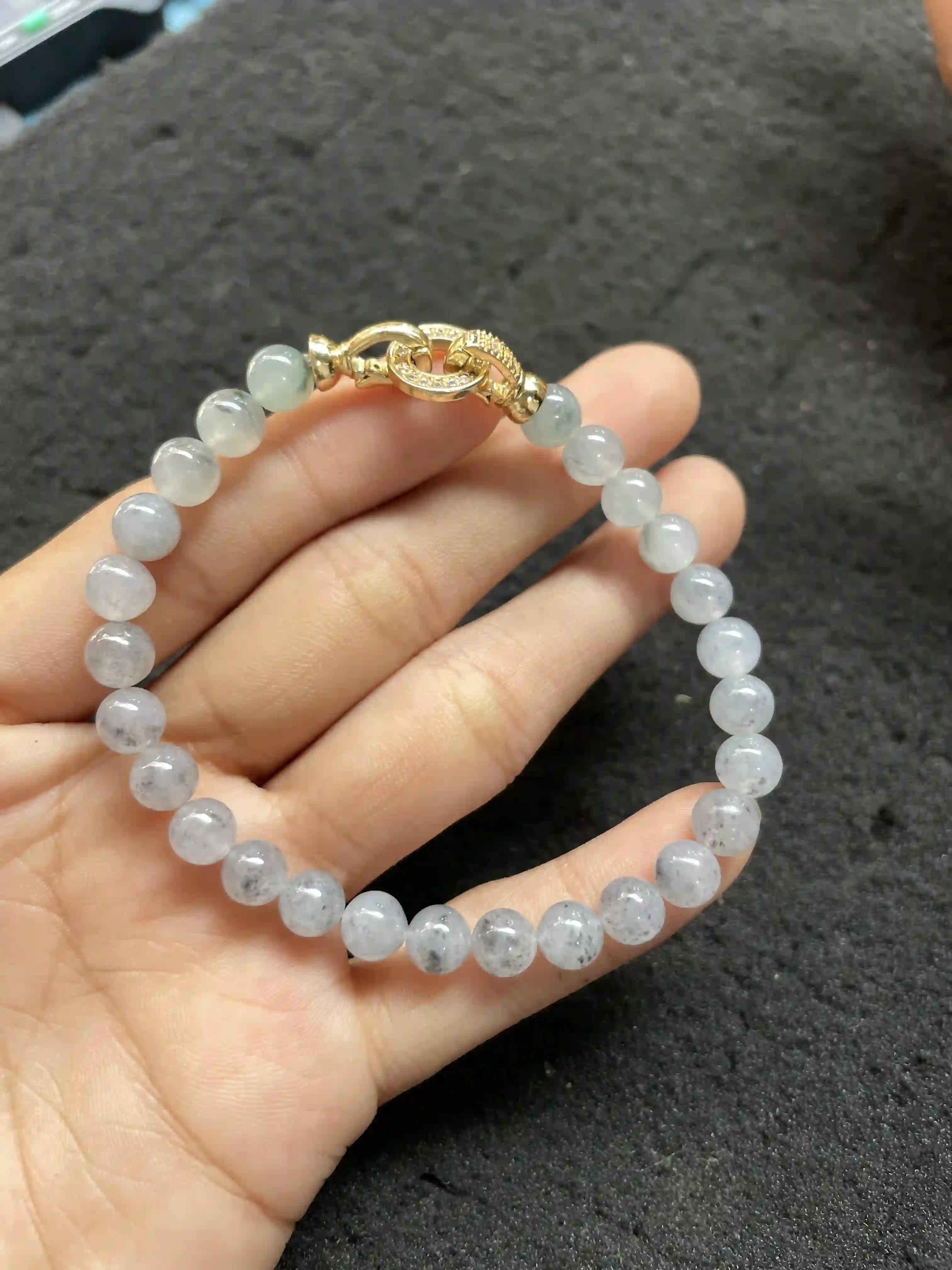 Grey-Speckled Jadeite Beaded Bracelet with Gold-Toned Clasp, view 2 | Myanmar Jadeite reference #870004