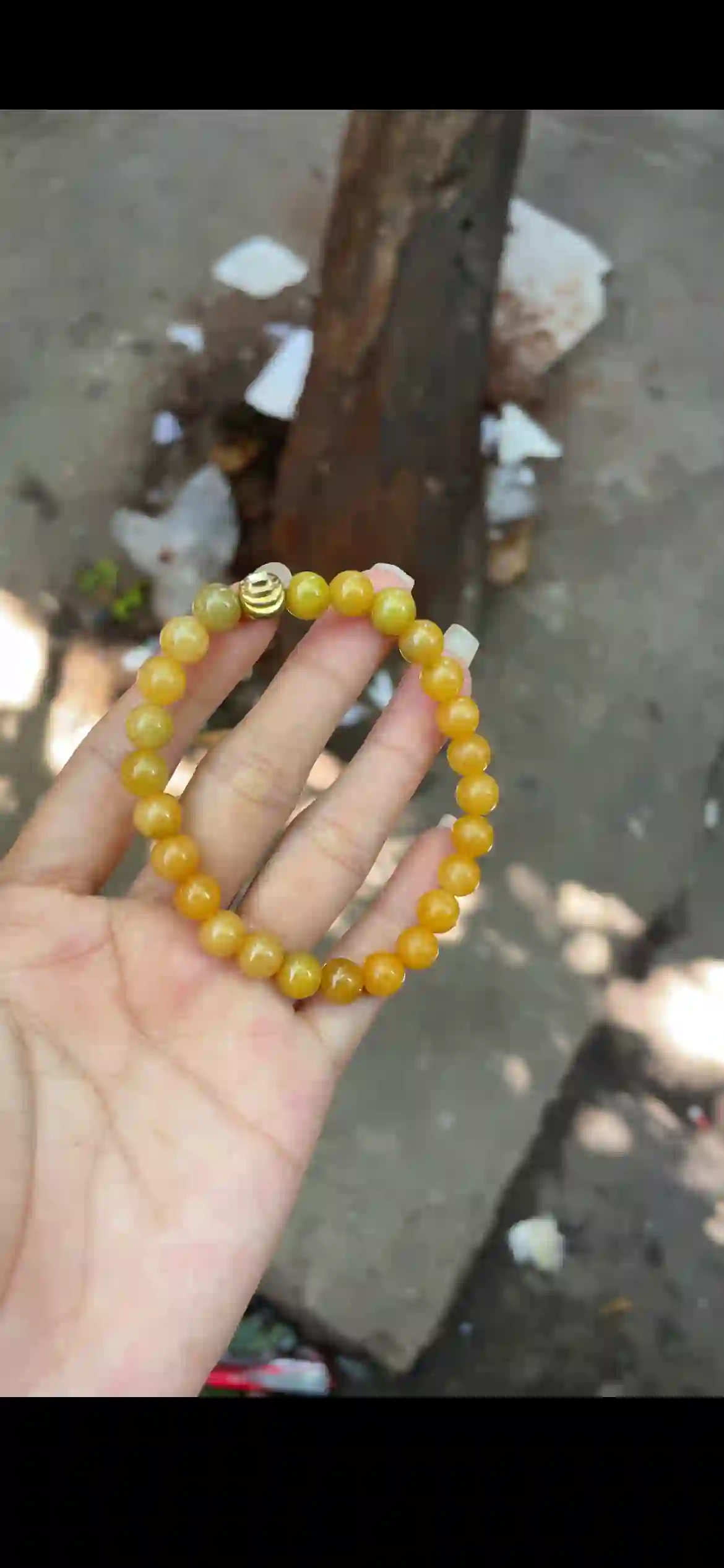   Warm Honey Yellow Jade Beaded Bracelet with Gold Accent, view 2 | Myanmar Jadeite reference #22380001