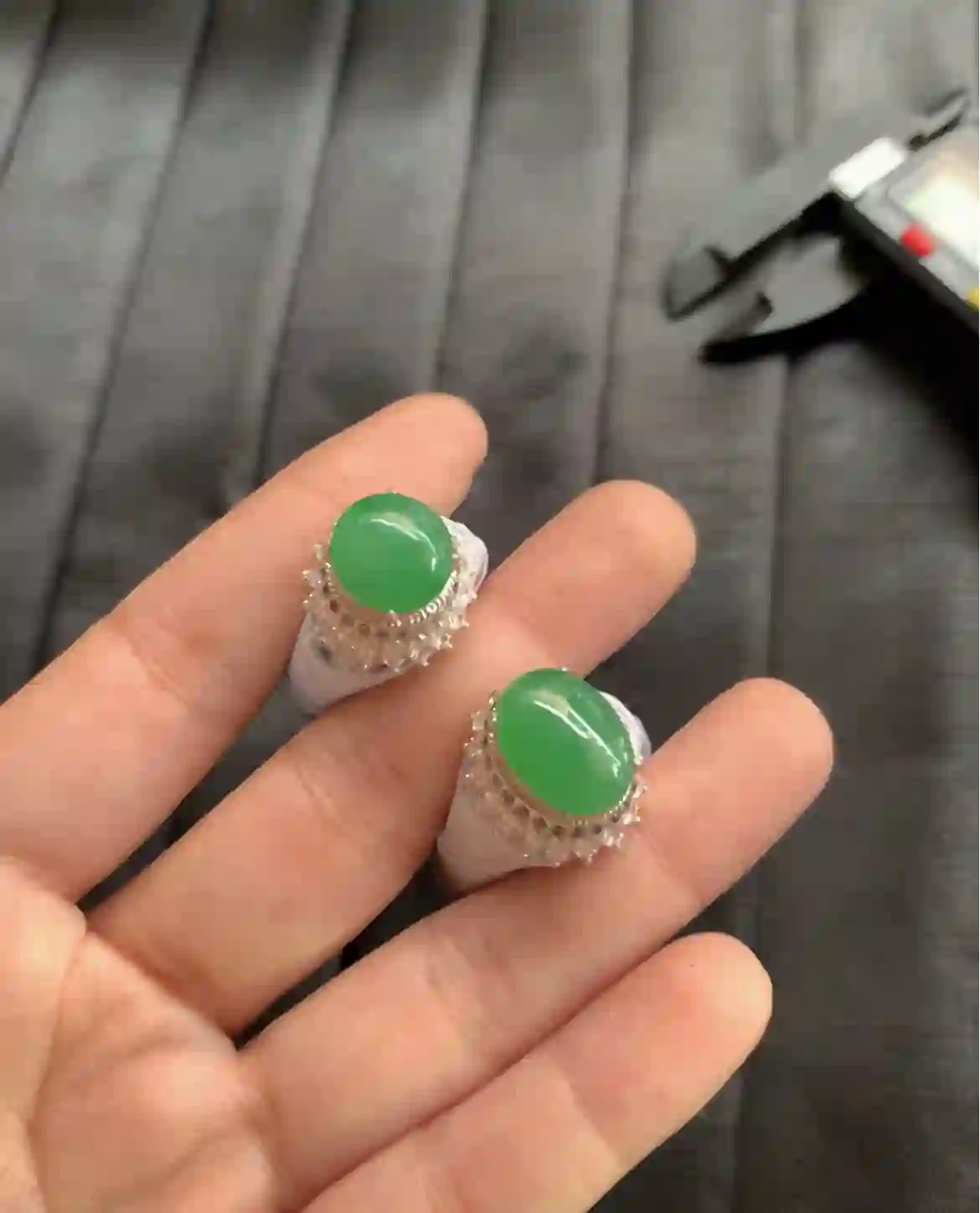 Natural Vivid Green Jadeite Ring Set, view 2 | Myanmar Jadeite reference #2460006