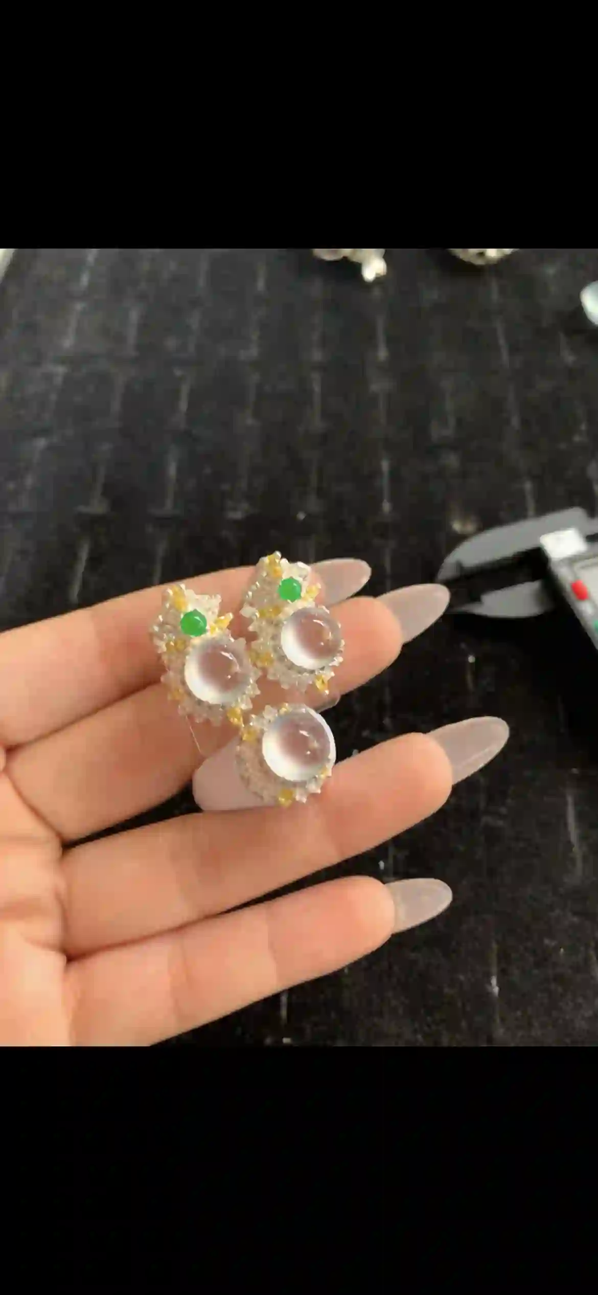 Icy White Jade Cabochon Ring & Earrings Set — Sterling Silver with Emerald & Yellow Sapphire Accents | Myanmar Jadeite reference #28890001