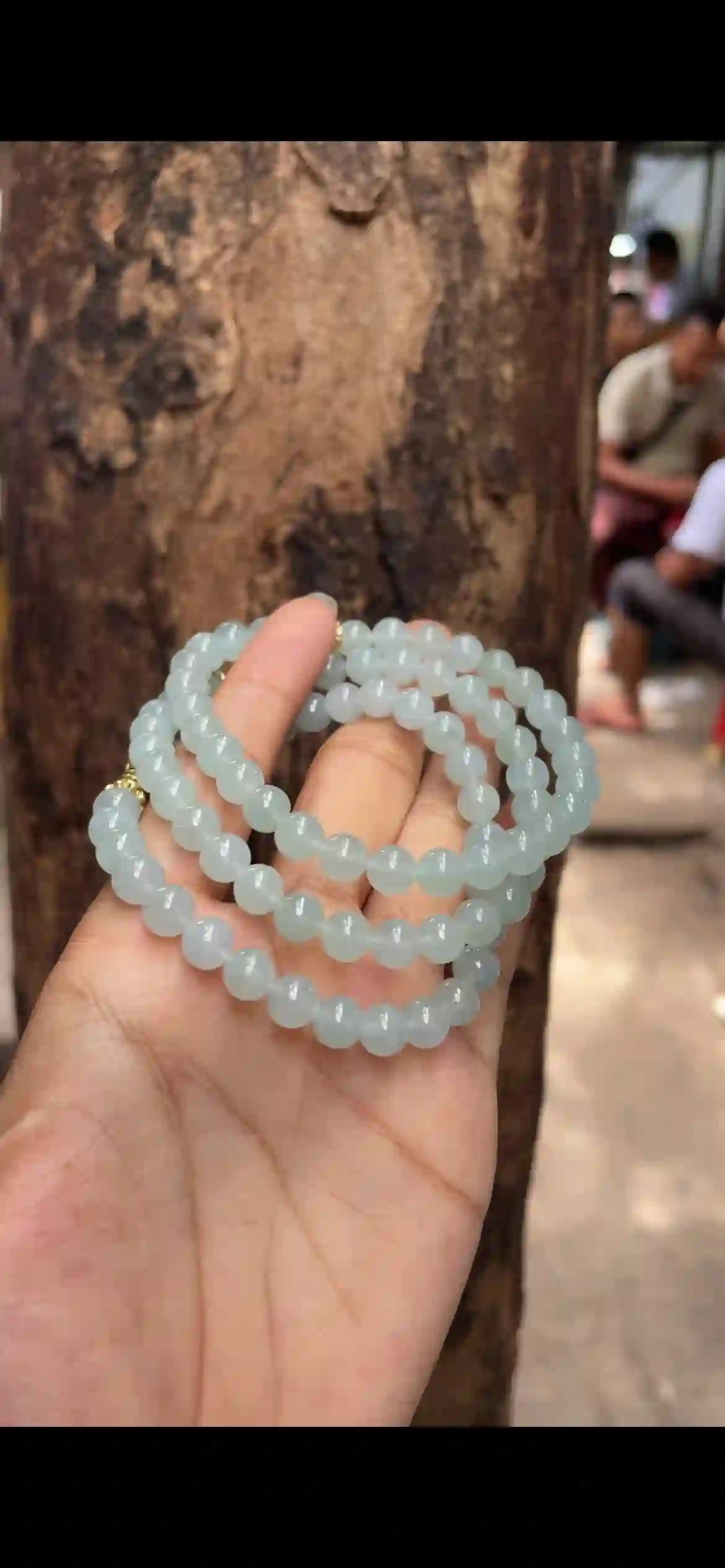   Icy Translucent Pale Blue-Green Jade Bead Necklace, Fine Round Beaded Chain with Gold Accents, view 2 | Myanmar Jadeite reference #5310001