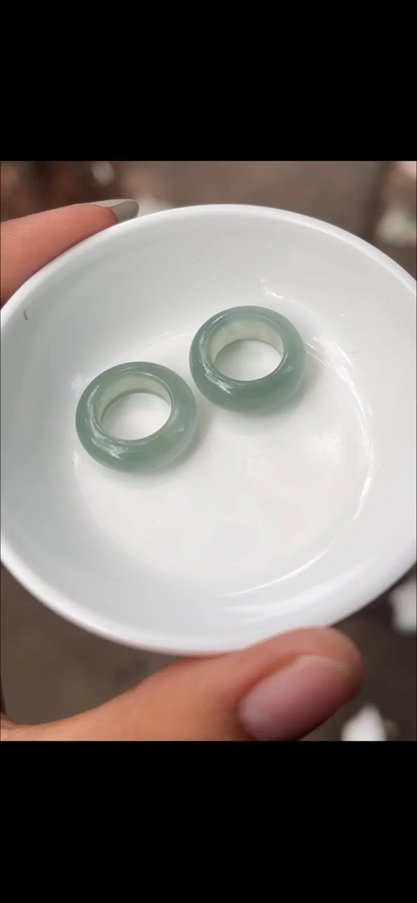 Natural High-Translucency Glassy/Ice Variety Light Teal-Green Solid Jadeite Finger Rings Pair set in Ceramic Dish | Myanmar Jadeite reference #39210004