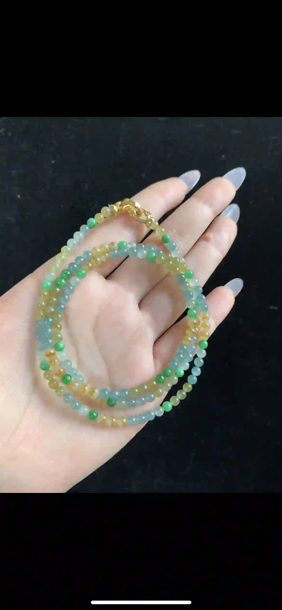 Sunlit Bicolor Jade Beaded Necklace — Icy Blue & Golden Honey with Gold Clasp, view 2 | Myanmar Jadeite reference #33120001