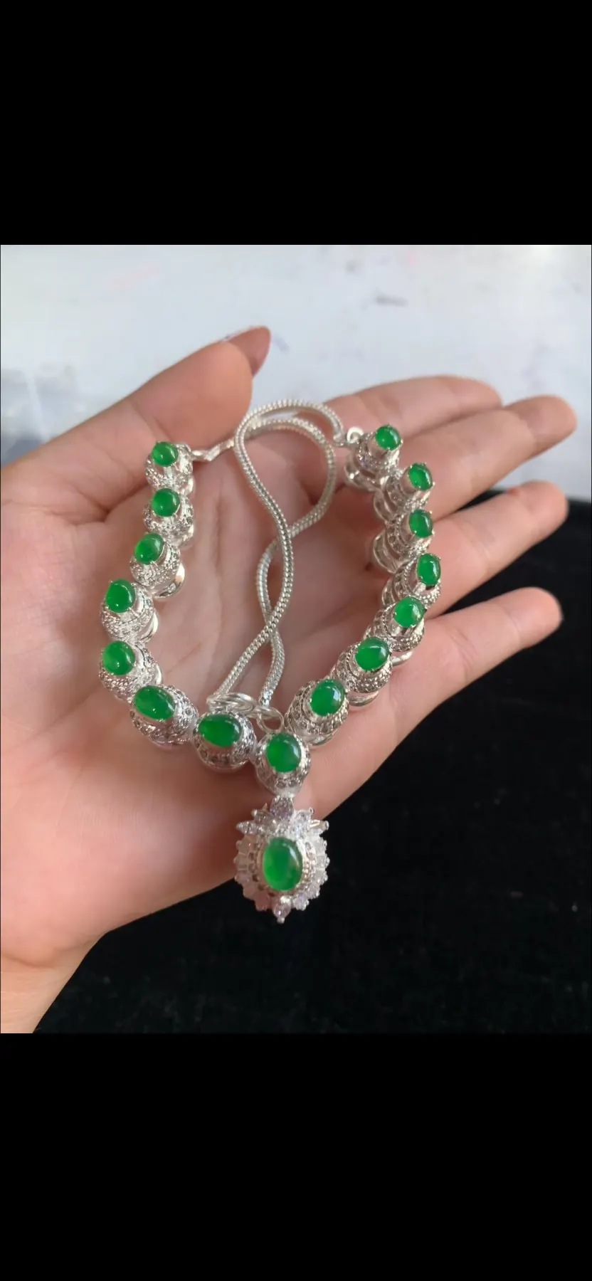 High-End Natural Glassy Variety Imperial Green Jadeite Multi-Cabochon Statement Necklace with Halo Drop Pendant | Myanmar Jadeite reference #39030001