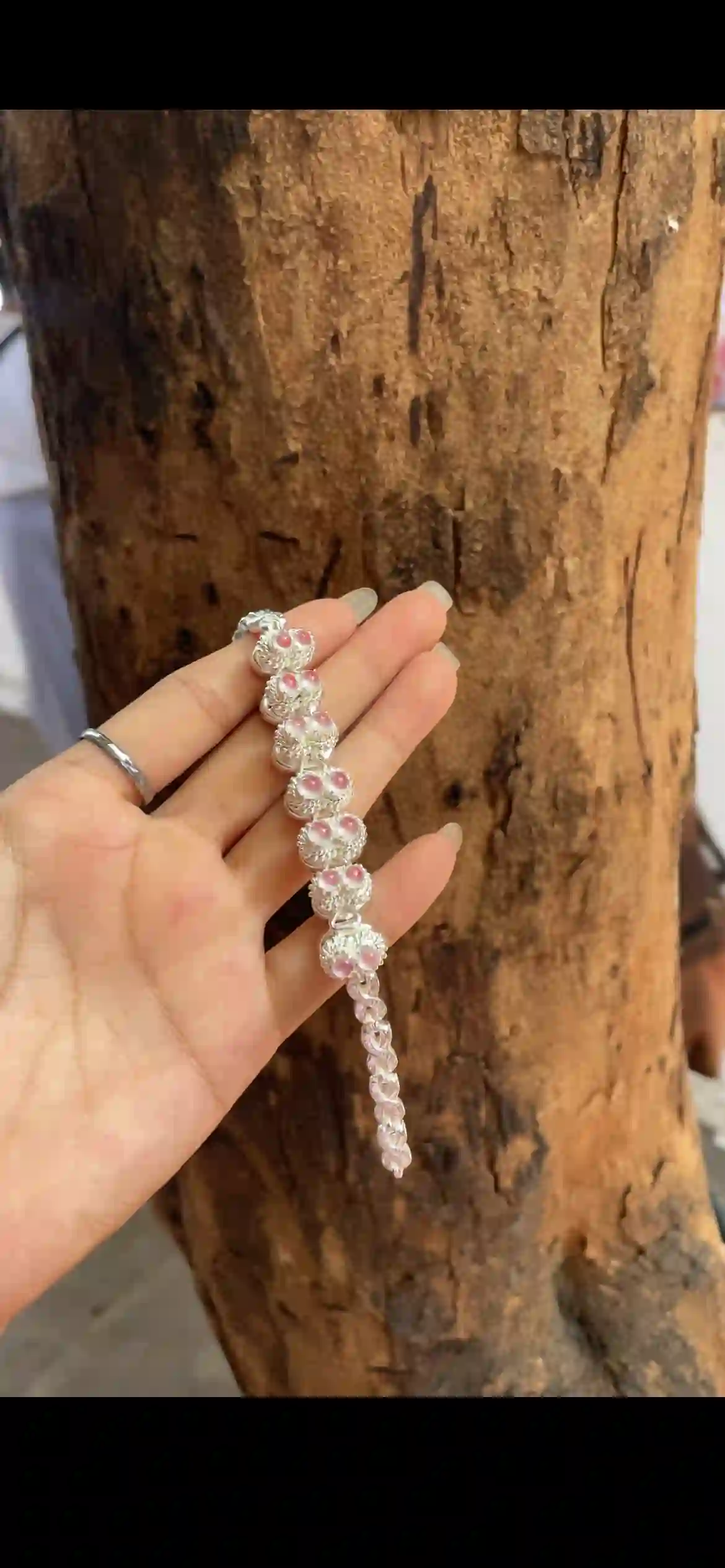Silver-Tone Pink Moonstone Cabochon Statement Bracelet — Ornate Vintage Design, view 2 | Myanmar Jadeite reference #29490001