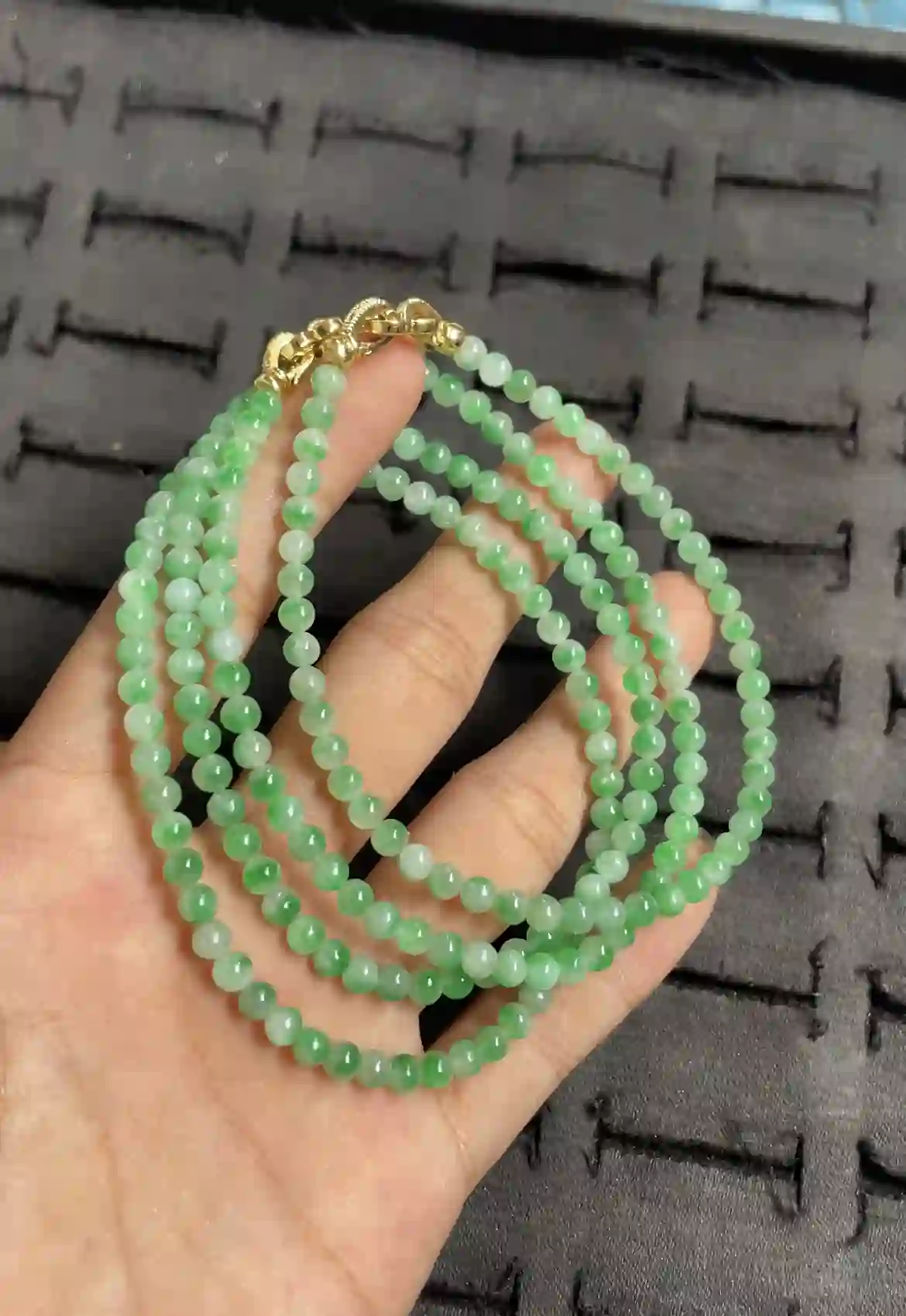   Natural Green Jade Bead Necklace with Gold Clasp, view 2 | Myanmar Jadeite reference #2520001