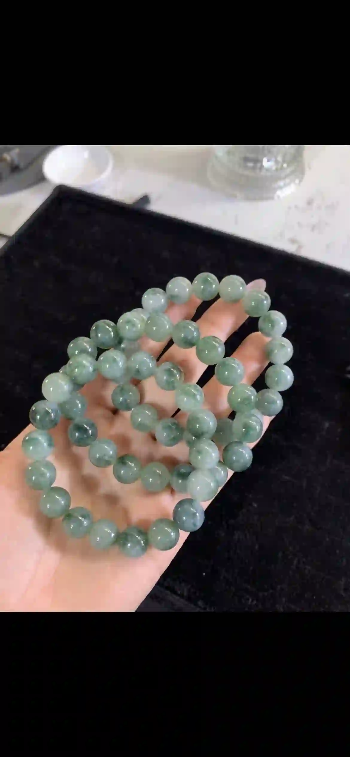 Icy Floating Green Jade Bead Bracelet Set — Three Strands | Myanmar Jadeite reference #27660001