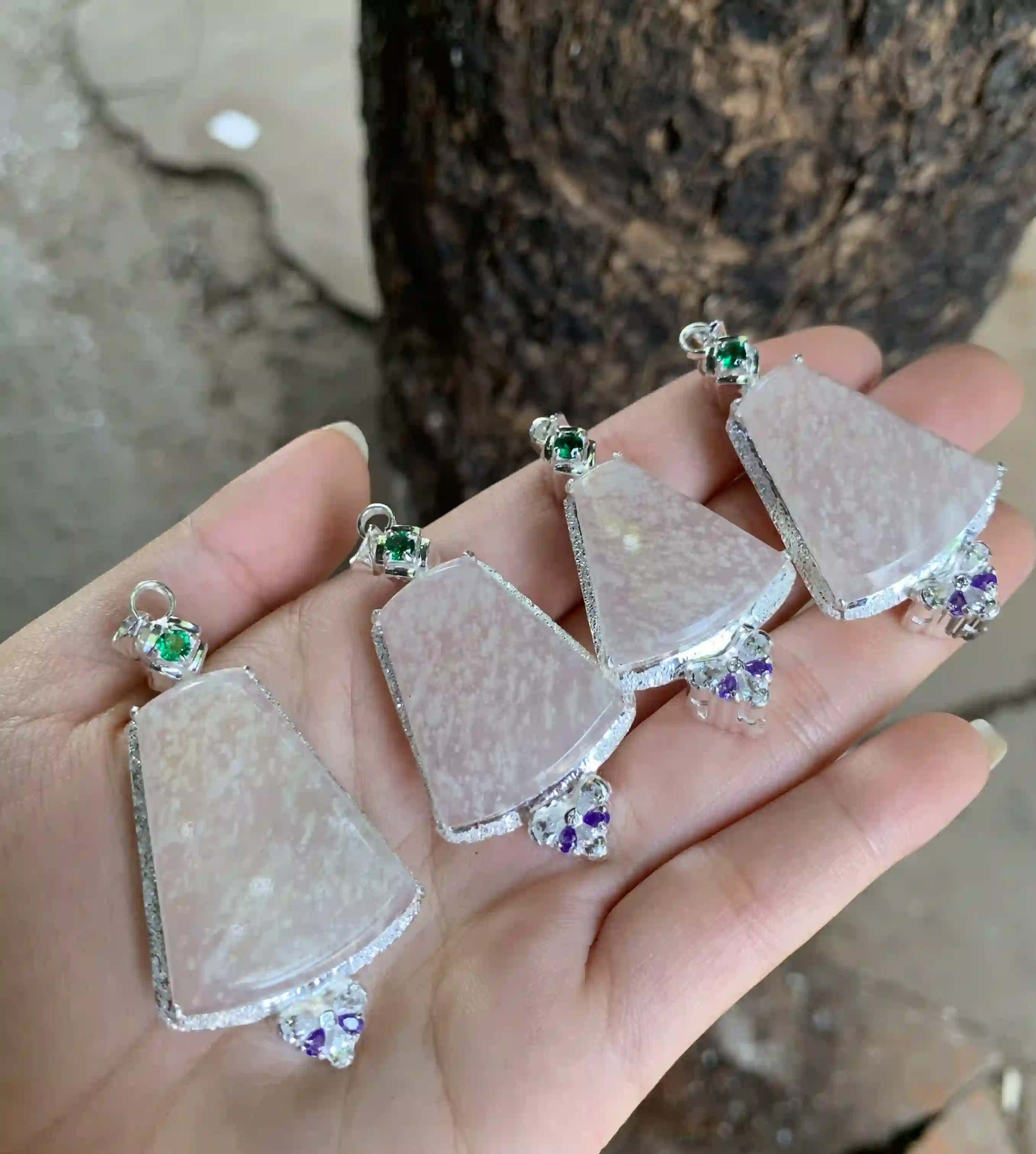  Frosted White Jadeite Pendants with Silver Settings and Accent Stones, view 2 | Myanmar Jadeite reference #240002